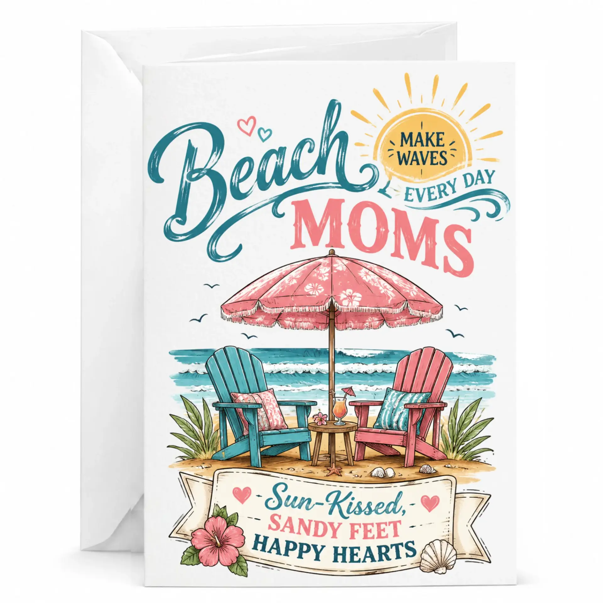 Greeting Card for Mom Beach Theme Tropical Ocean Scene Design with Pink Umbrella and Chairs Any Occasion