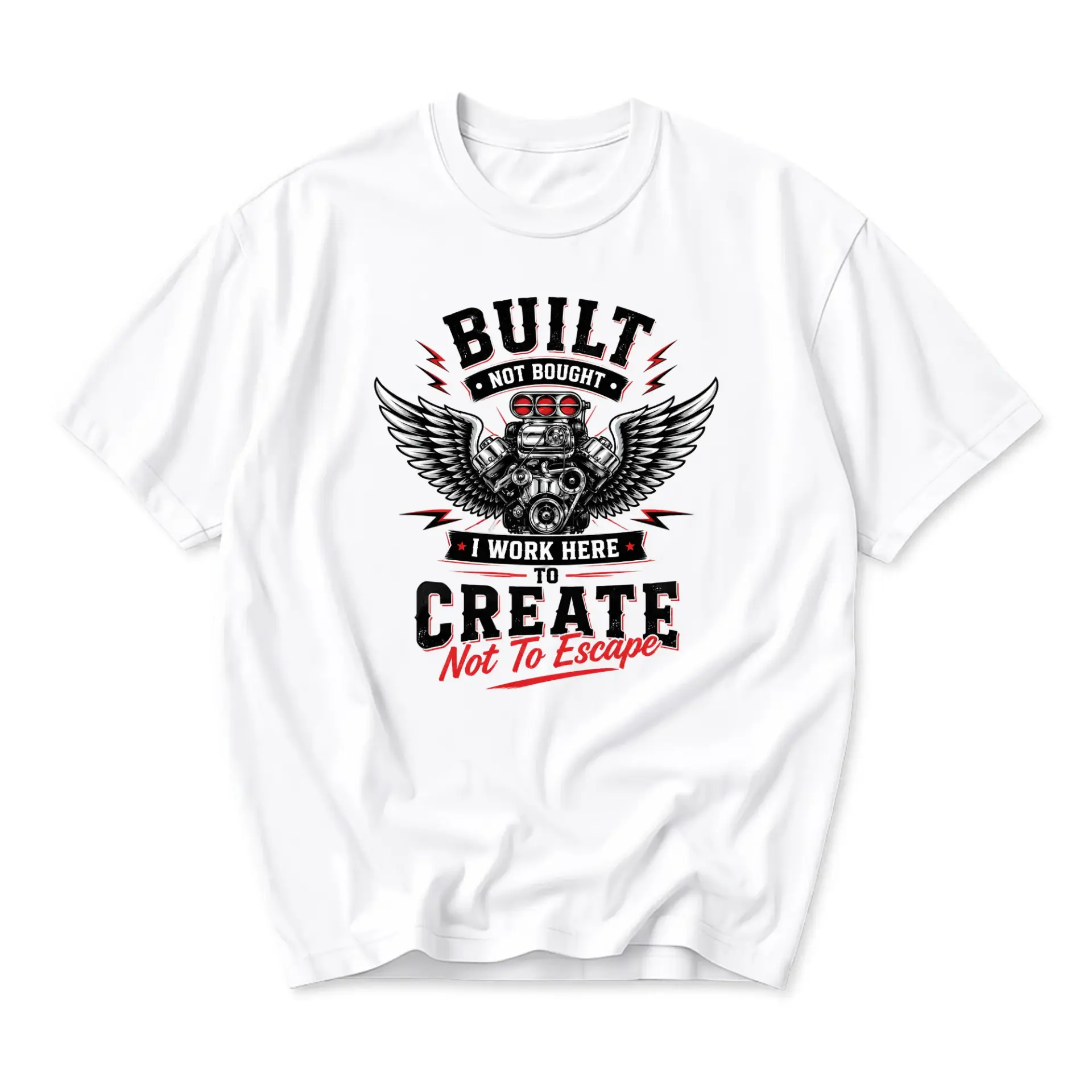 Graphic Tee Built Not Bought Engine Design Unisex Crew Neck Short Sleeve Shirt for Casual Wear and Daily Outfits