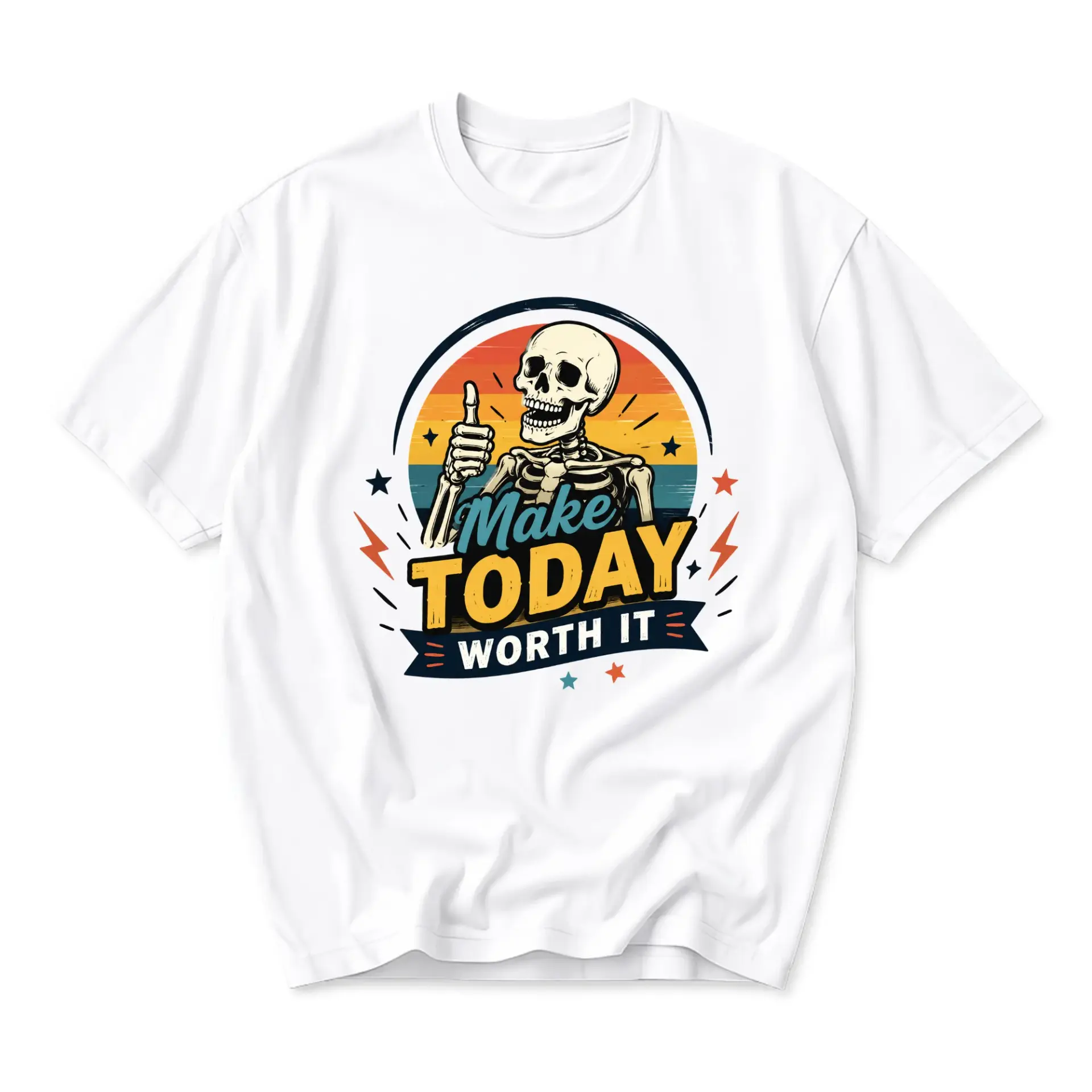Graphic Tee Make Today Worth It Skeleton Thumbs up Vintage Style Casual Unisex Crew Neck Short Sleeve Cotton Shirt