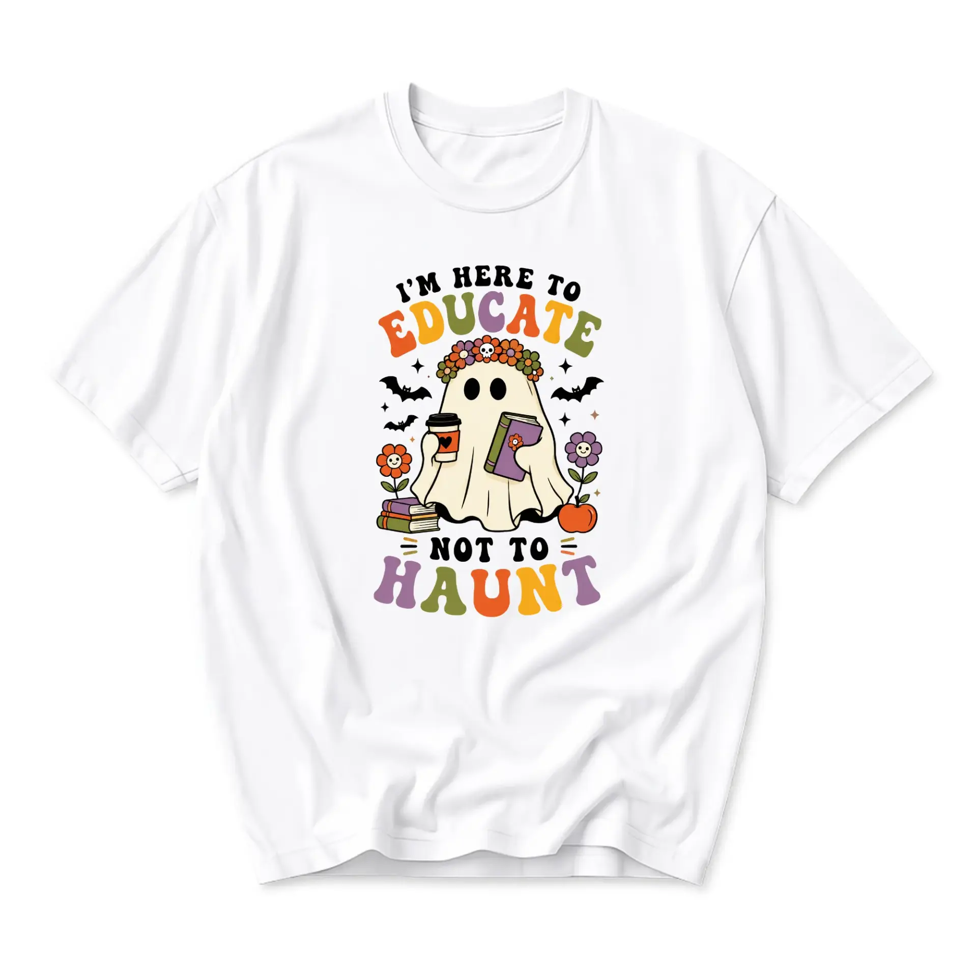 Funny Shirt I'm Here to Educate Not to Haunt Graphic Tee Cute Ghost Illustration Unisex Casual Cotton Crew Neck Top