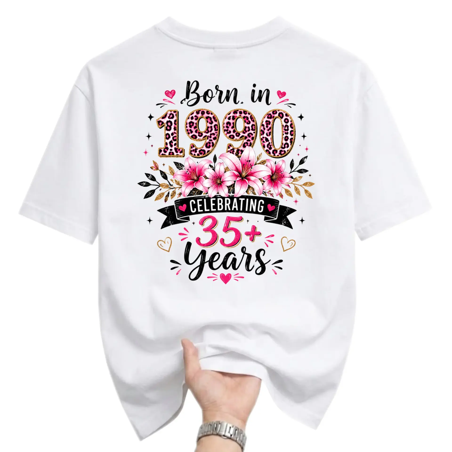 Graphic Tee Born in 1990 Celebrating 35 Years Birthday Shirt Vintage Style Floral Leopard Print Unisex Casual Top