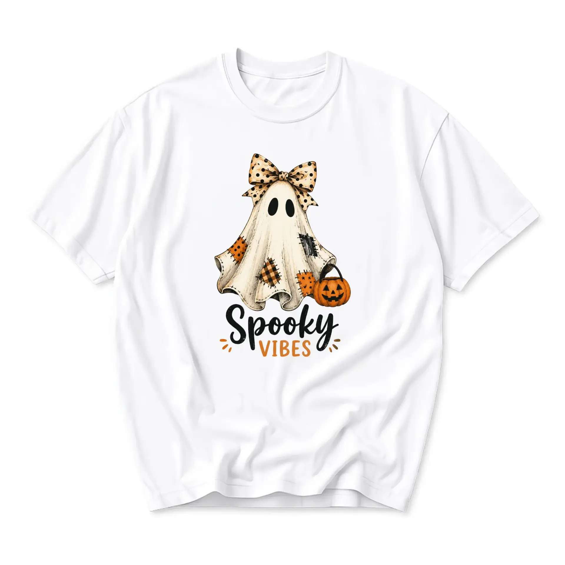 Graphic Tee Spooky Vibes Ghost T-Shirt Cute Fall Pumpkin Halloween Shirt Unisex Casual Crew Neck Short Sleeve Top