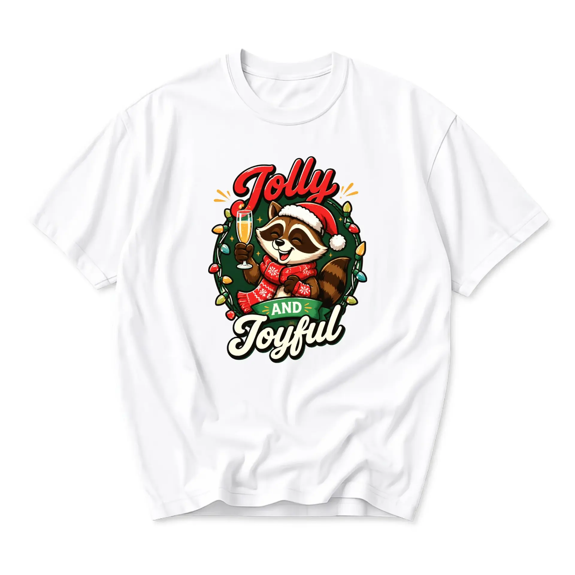Graphic Tee Jolly and Joyful Raccoon Holiday Celebration Unisex Crew Neck Shirt for Casual Seasonal Apparel