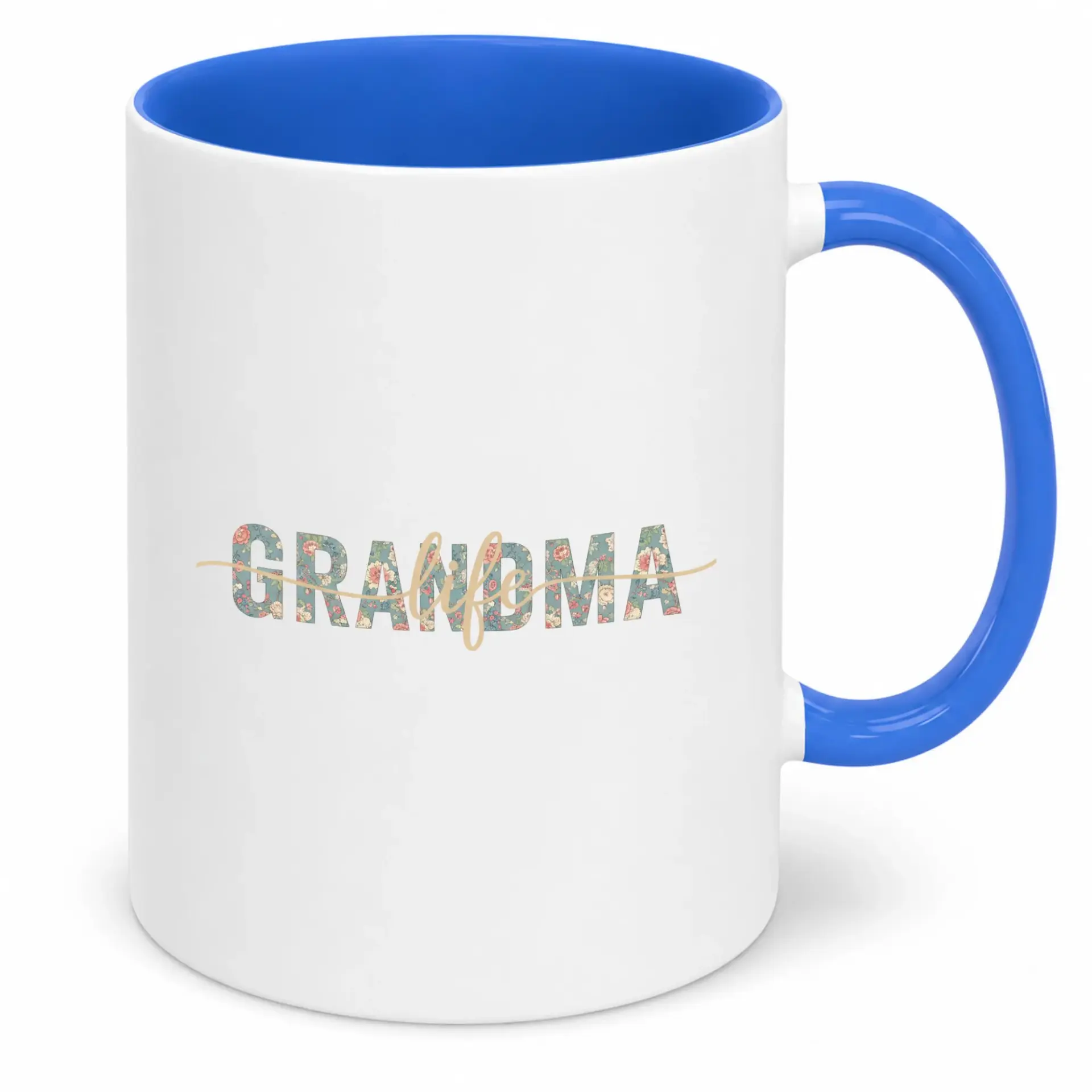 Floral Grandma Life Ceramic Coffee Mug with Blue Handle and Interior 11oz or 15oz Capacity Premium Drinkware Gift