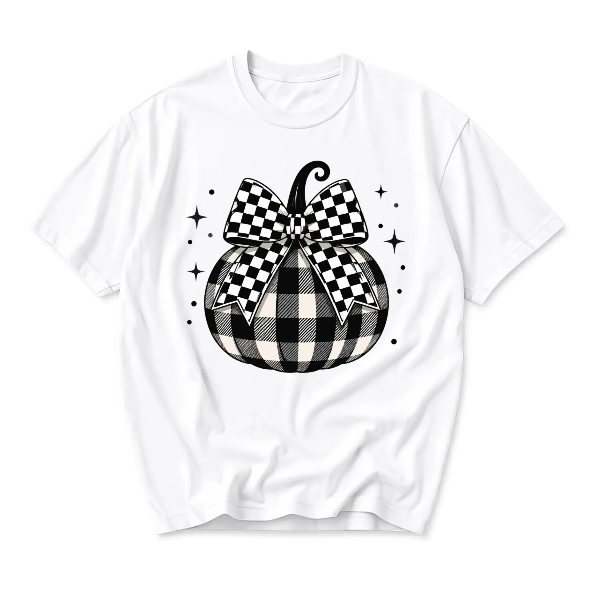 Graphic Tee Unisex Crew Neck T-Shirt Featuring a Trendy Buffalo Plaid Pumpkin with a Decorative Checkerboard Bow