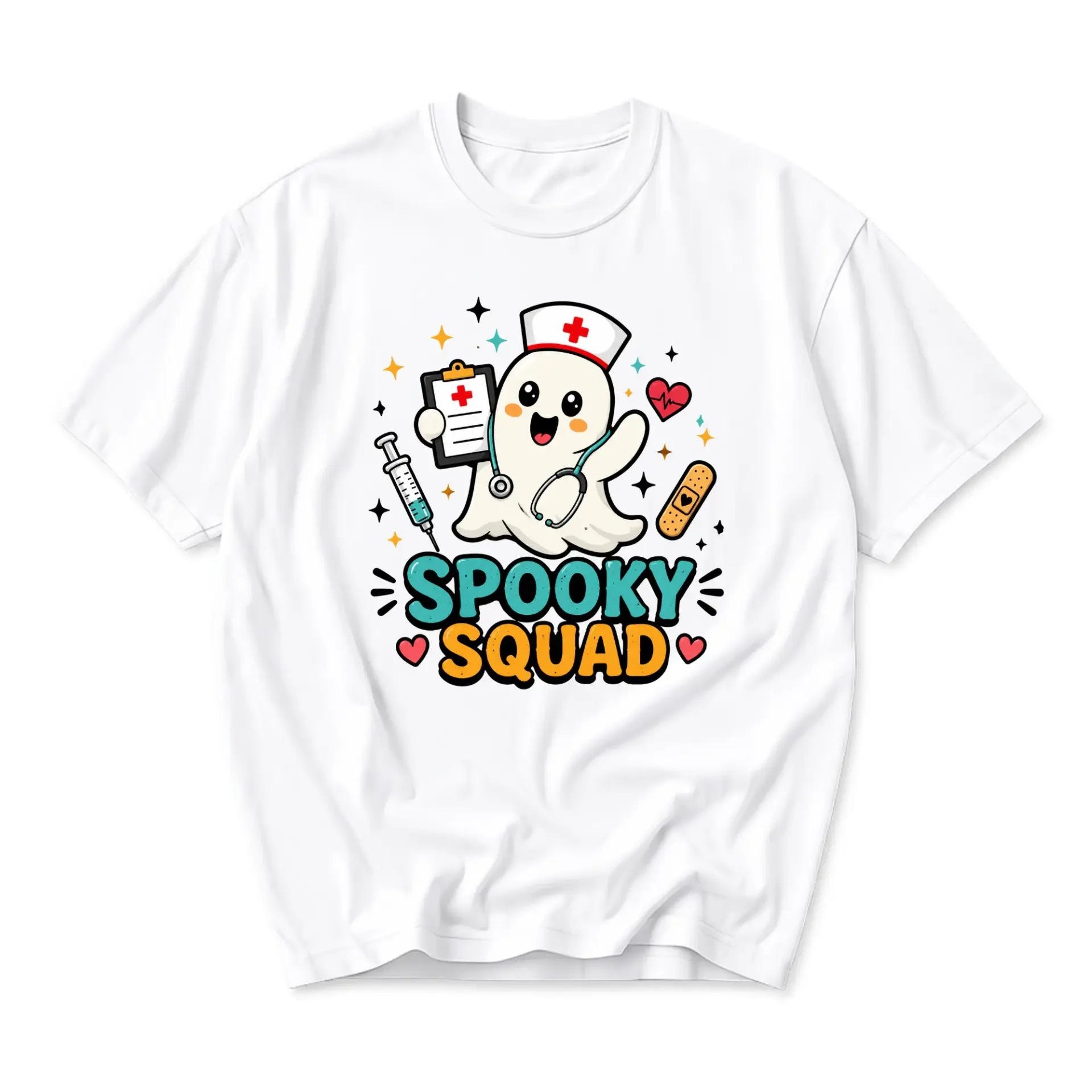 Funny Shirt Spooky Squad Ghost Nurse Graphic Tee Cute Medical Themed Cotton Unisex Crew Neck Casual Everyday Apparel