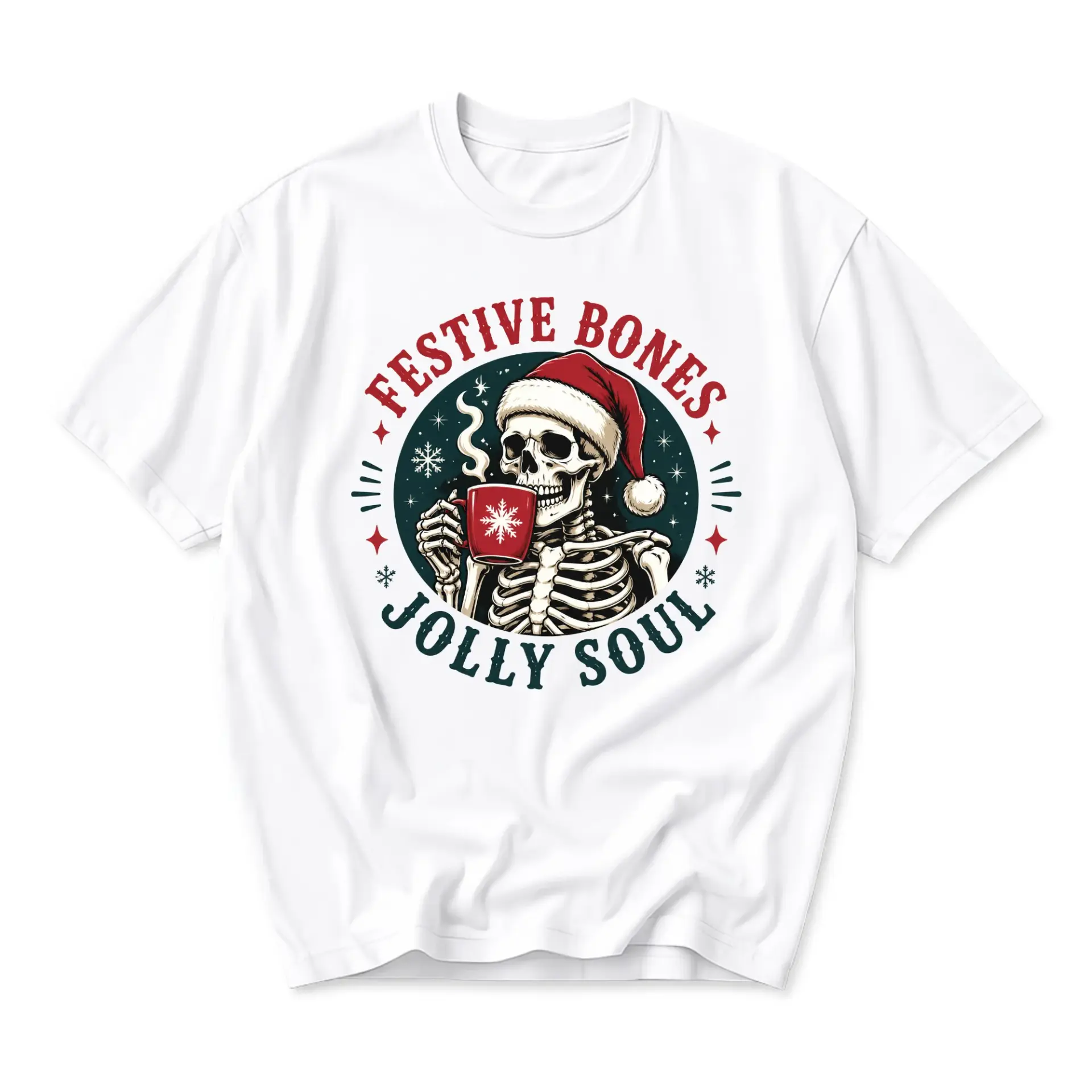 Graphic Tee Festive Bones Jolly Soul Skeleton Christmas Crew Neck Unisex Shirt for Casual Winter Holiday Style Outfits