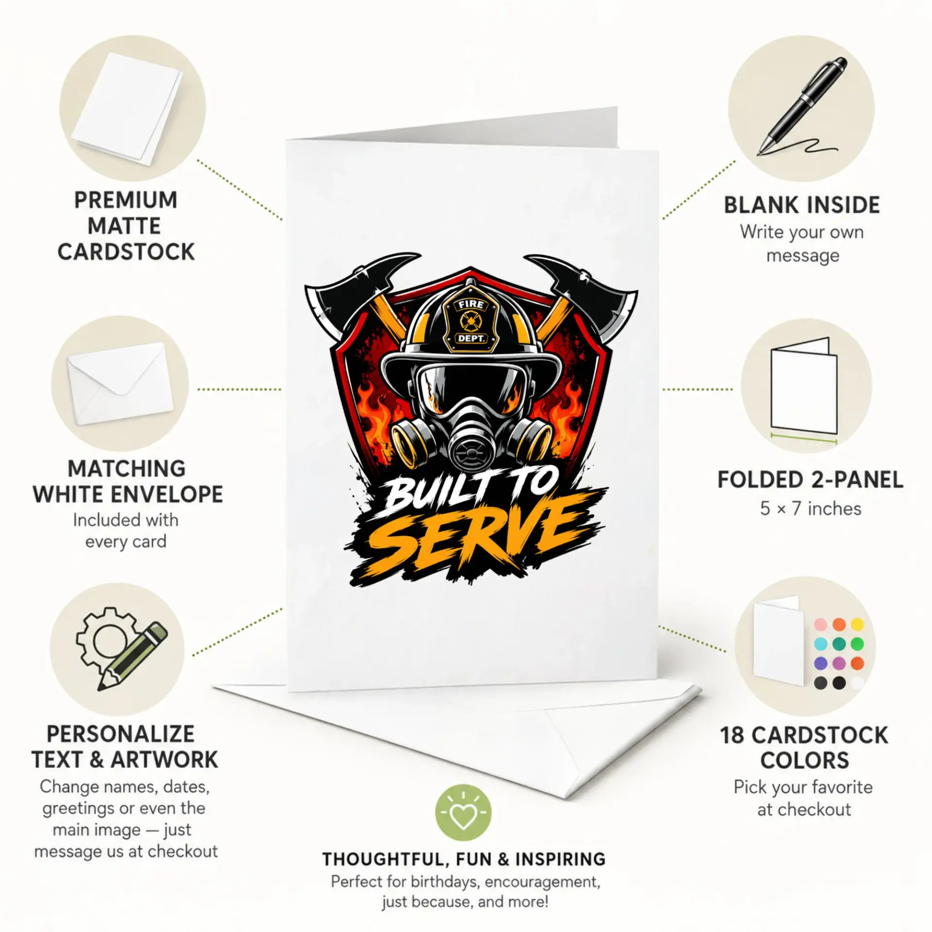 Greeting Card Built to Serve Firefighter Theme Professional Graphic Illustration Design for First Responder Appreciation