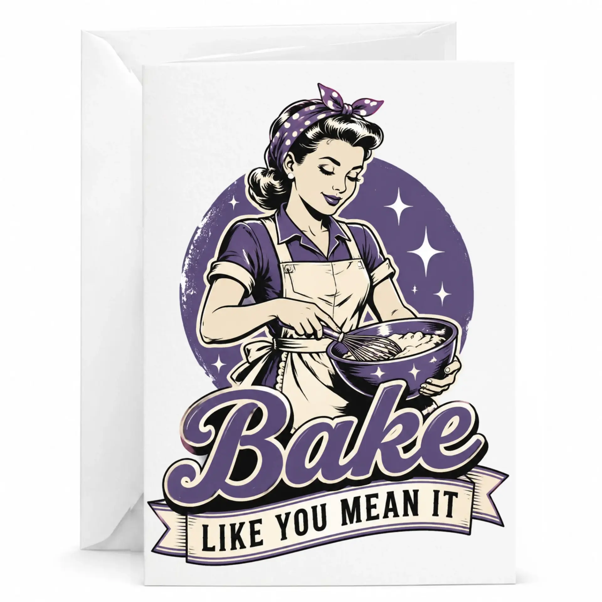 Funny Bake Like You Mean It Greeting Card Vintage Baker Retro Illustration Cooking Theme Note Card for Bakers