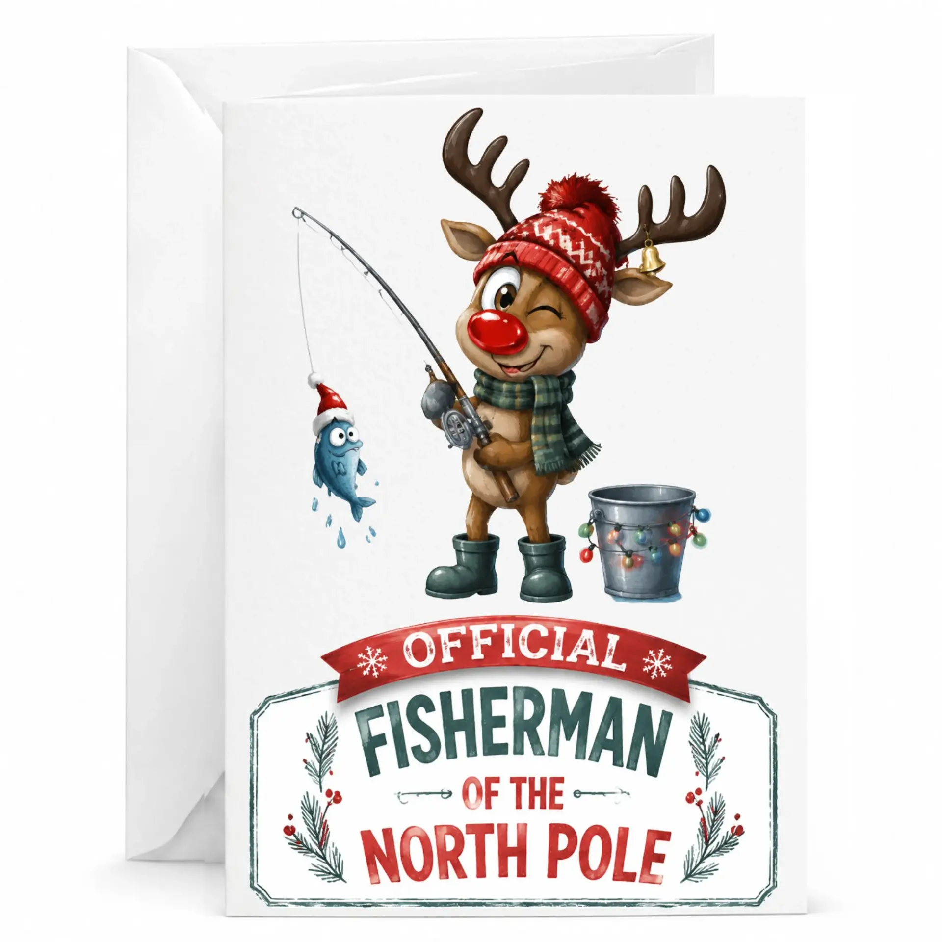 Funny Reindeer Fisherman Holiday Greeting Card, North Pole Theme Greeting Card for Winter Seasonal Wishes and Humor
