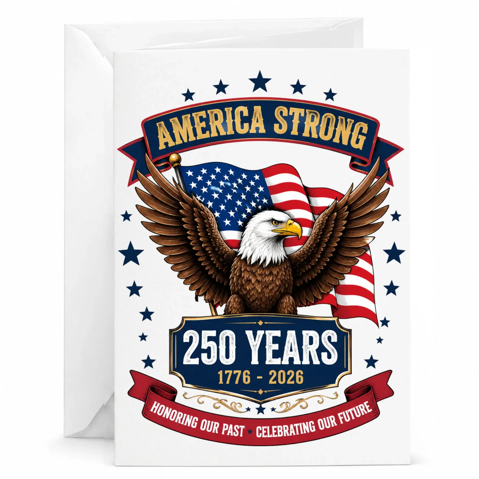 Greeting Card America Strong 250 Years 1776 2026 Patriotic Eagle Design with Matching Envelope for Special Occasions