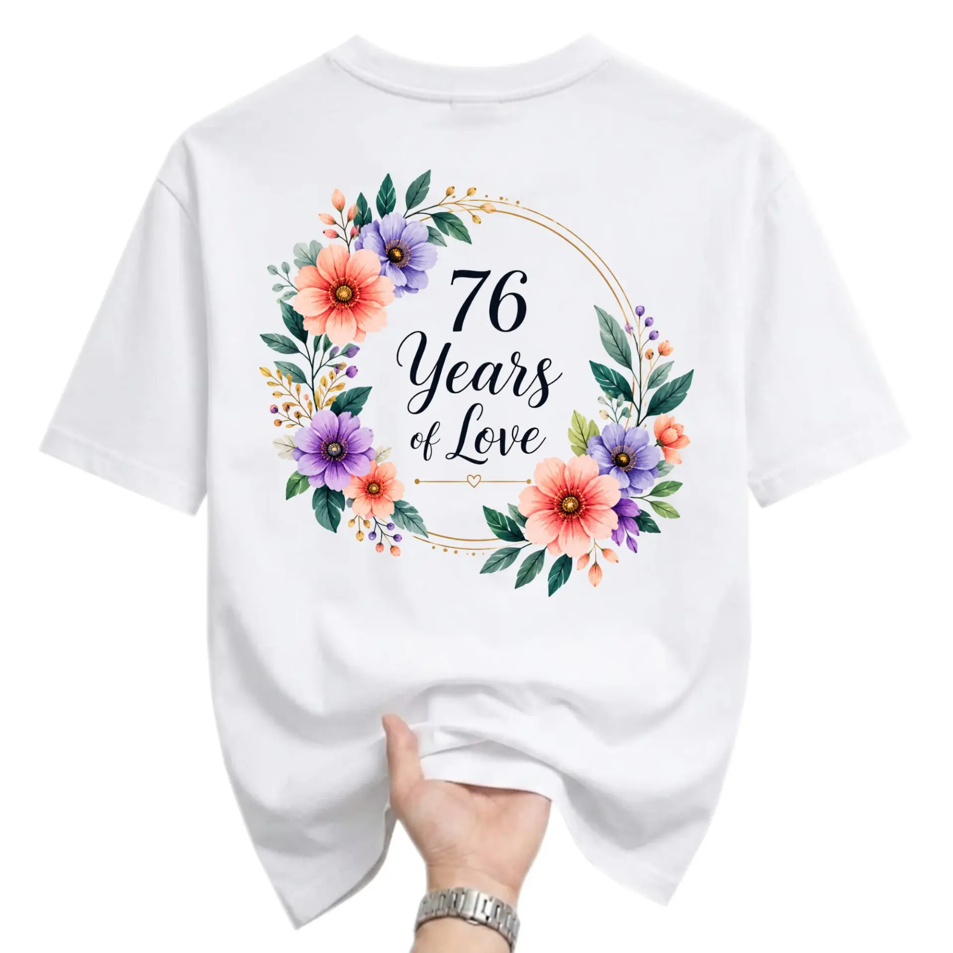 Graphic Tee 76 Years of Love Floral Wreath Anniversary Shirt Unisex Crew Neck Short Sleeve Cotton Casual Apparel