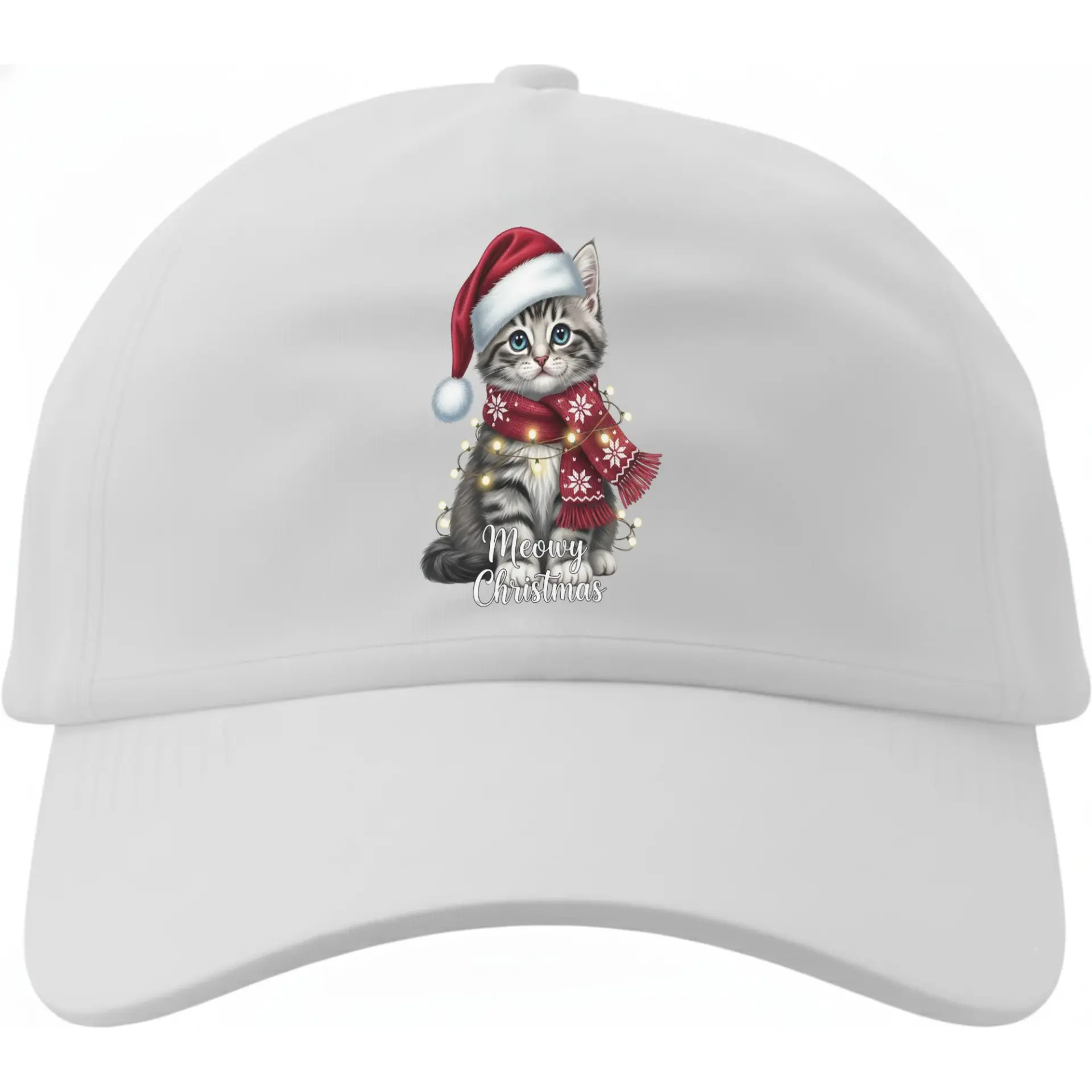 Baseball Cap Featuring a Cute Kitten in a Santa Hat and Scarf for Festive Seasonal Wear and Holiday Celebration Style
