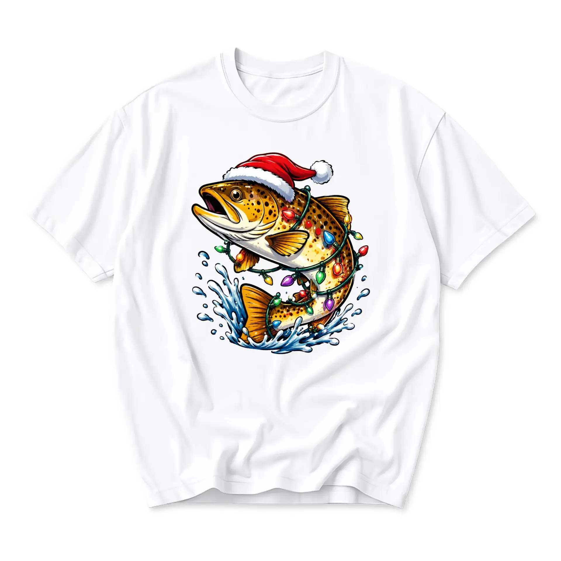 Funny Shirt Christmas Trout Graphic Tee Holiday Fishing Lover Unisex Crew Neck Casual Cotton Blend Apparel
