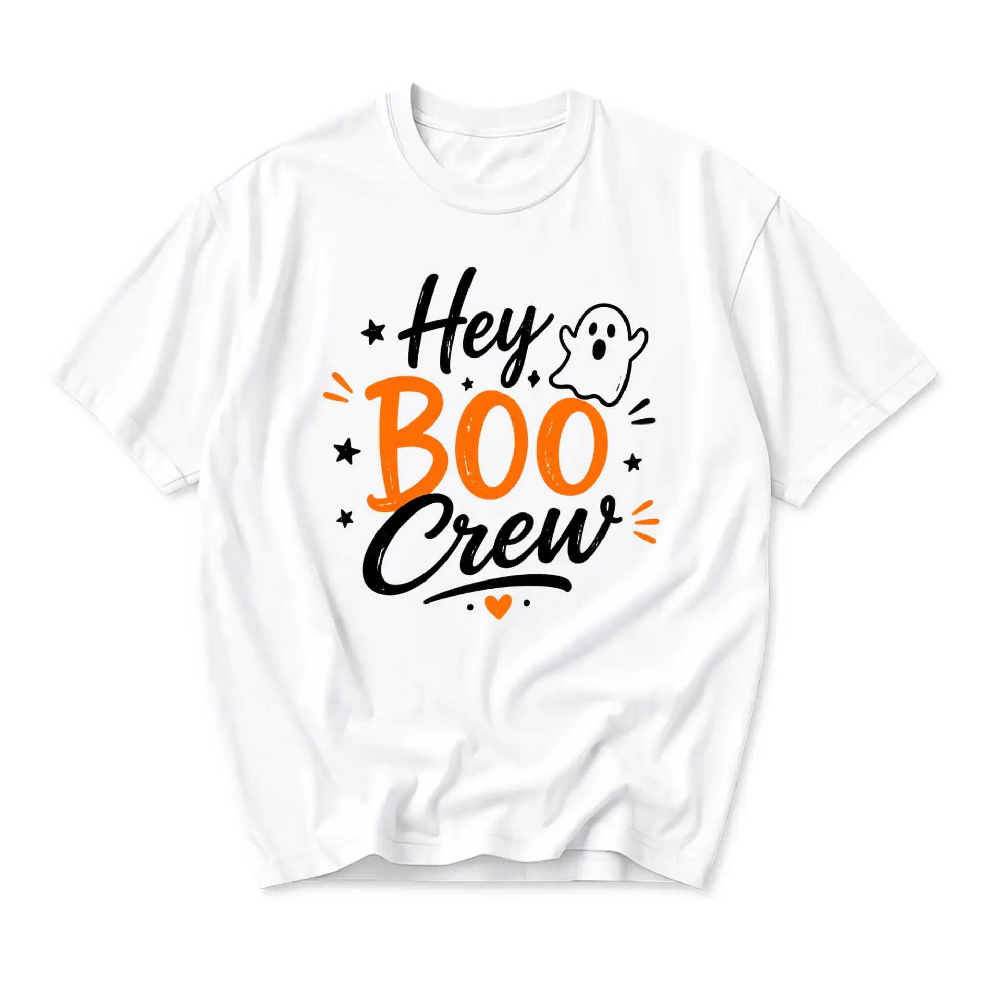 Funny Shirt Hey Boo Crew Graphic Tee Autumn Halloween Holiday Gift Casual Unisex Cotton Blend Short Sleeve Top