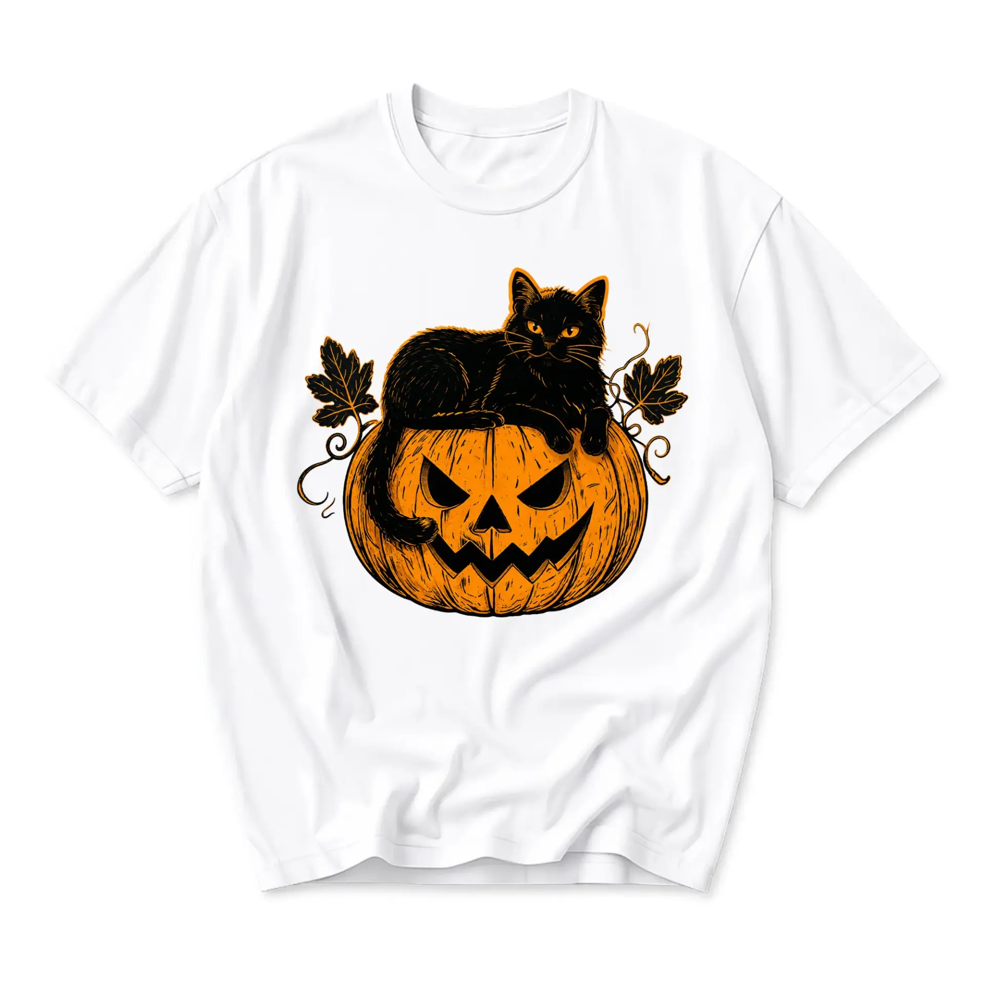 Graphic Tee Black Cat Sitting on Jack O Lantern Pumpkin Spooky Halloween Unisex Casual Everyday Crew Neck Shirt