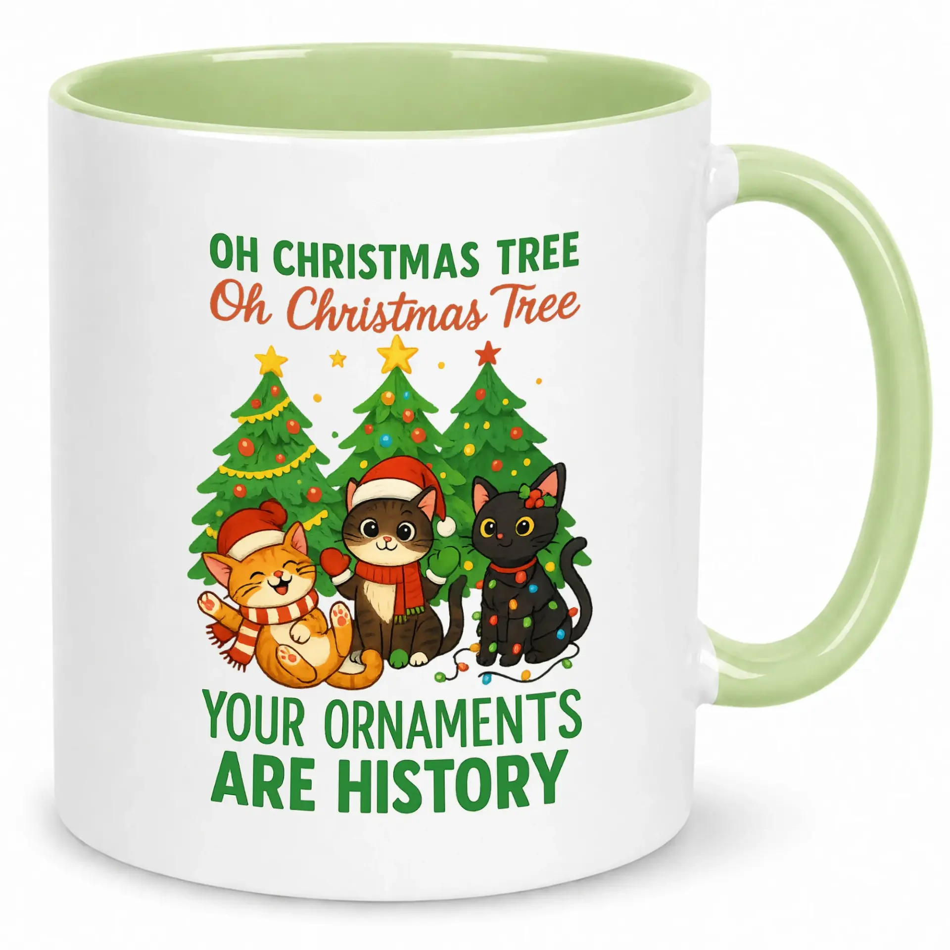Funny Christmas Tree Cats Ceramic Coffee Mug with Humorous Holiday Ornament Pun Design, Festive Animal Lover Beverage Cup Gift