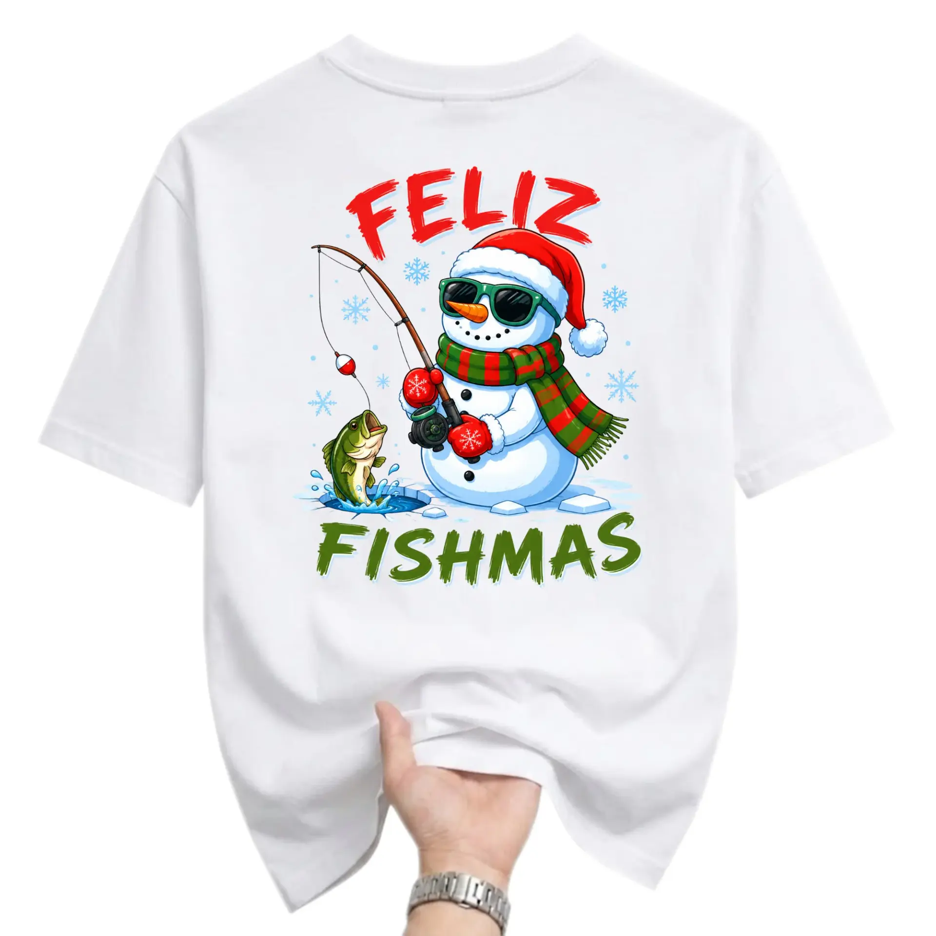 Funny Shirt Feliz Fishmas Snowman Fishing Graphic Tee Holiday Seasonal Casual Short Sleeve Unisex Cotton Crew Neck Top