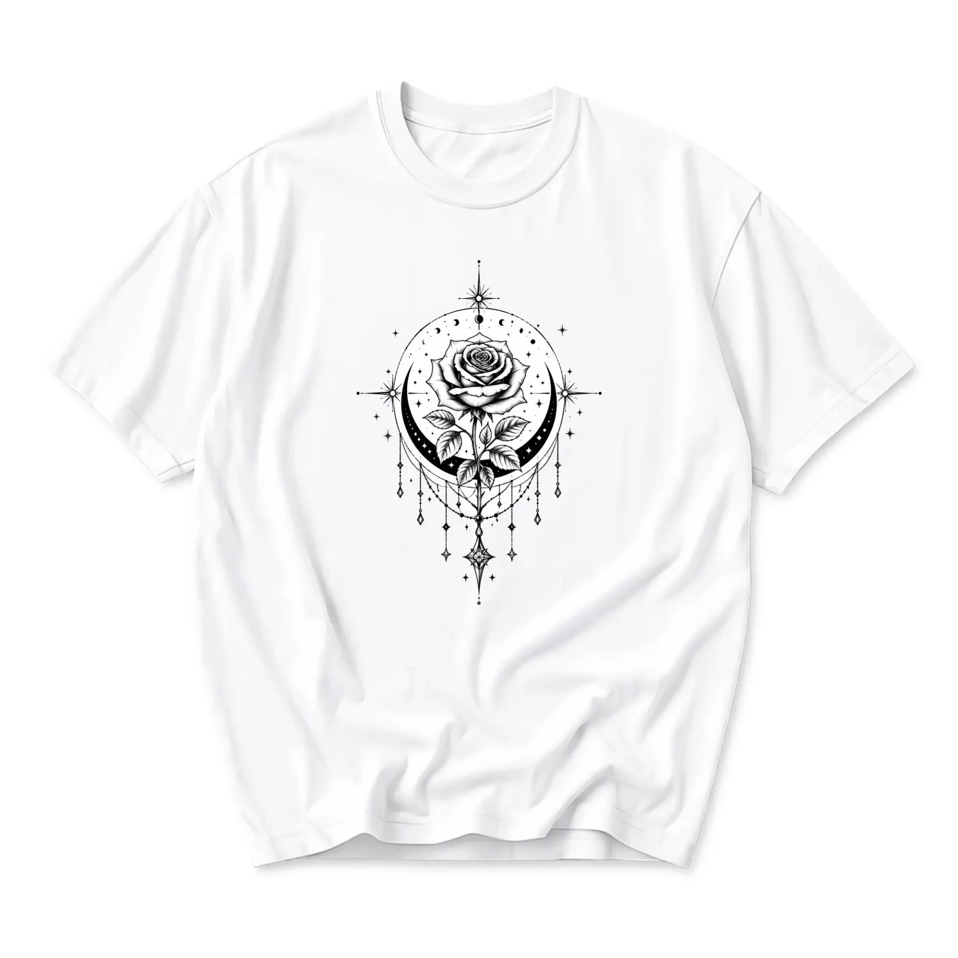 Graphic Tee Unisex Rose and Crescent Moon Celestial Illustration Cotton Crew Neck Short Sleeve Casual Shirt