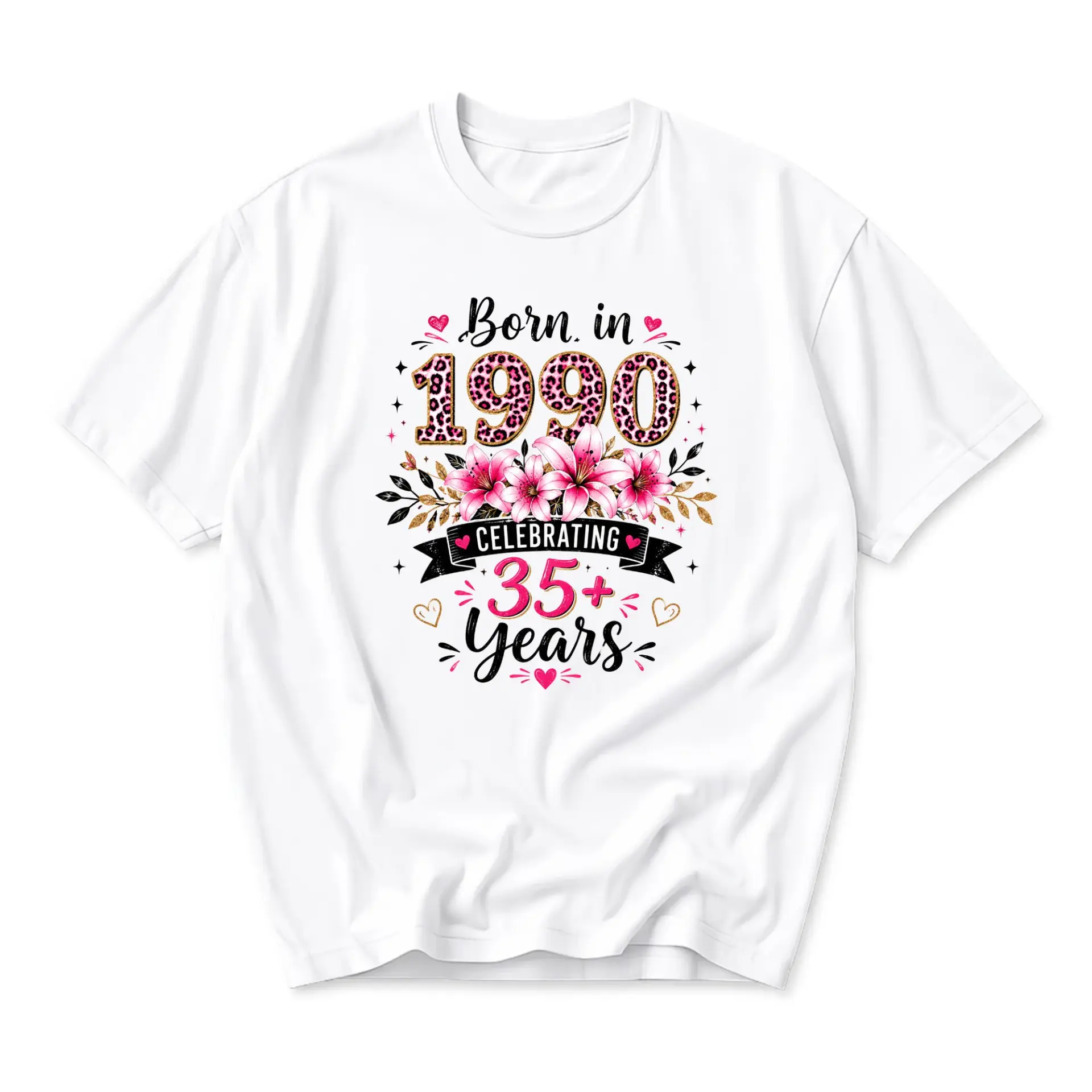 Graphic Tee Born in 1990 Celebrating 35 Years Birthday Shirt Vintage Style Floral Leopard Print Unisex Casual Top