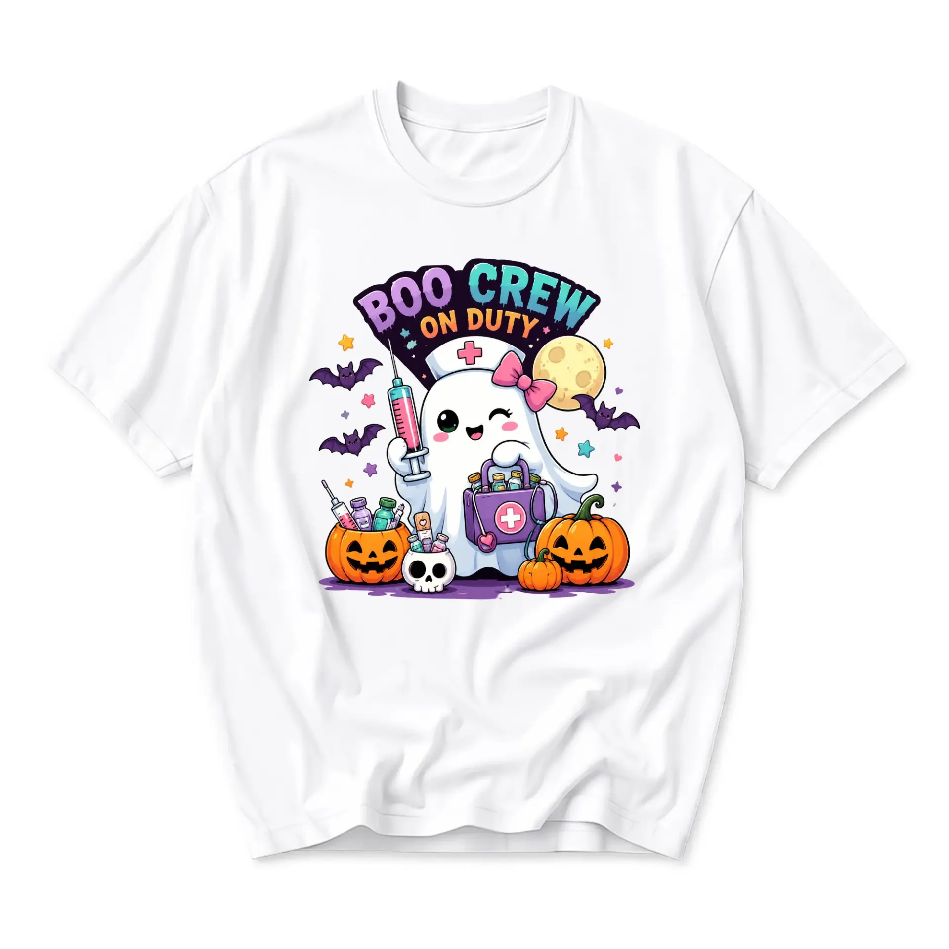 Funny Shirt Boo Crew on Duty Halloween Ghost Nurse Graphic Tee Casual Short Sleeve Unisex Cotton Crew Neck Top