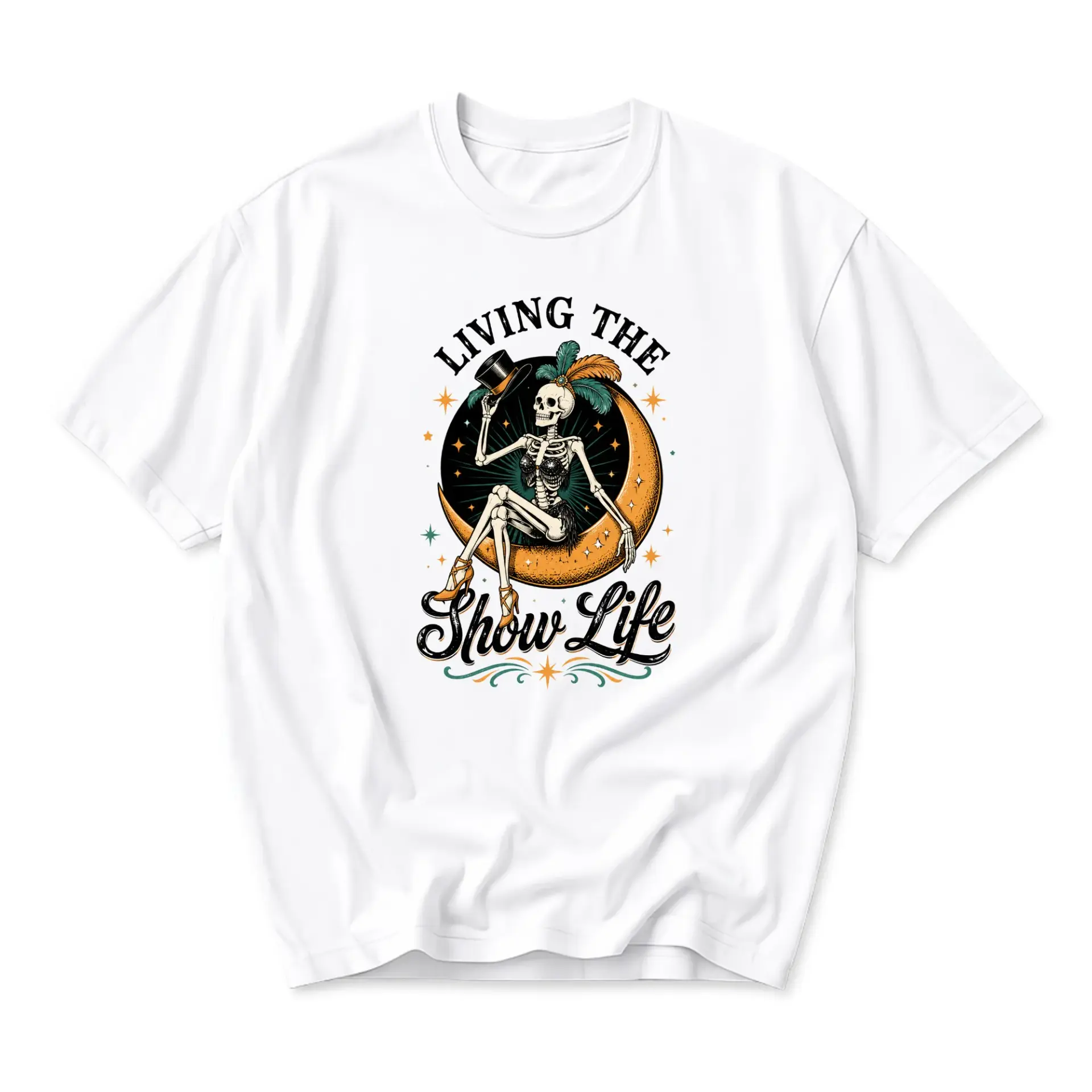 Graphic Tee Living the Show Life Skeleton Dancer Illustration Unisex Casual Crew Neck Comfortable Cotton Blend Shirt