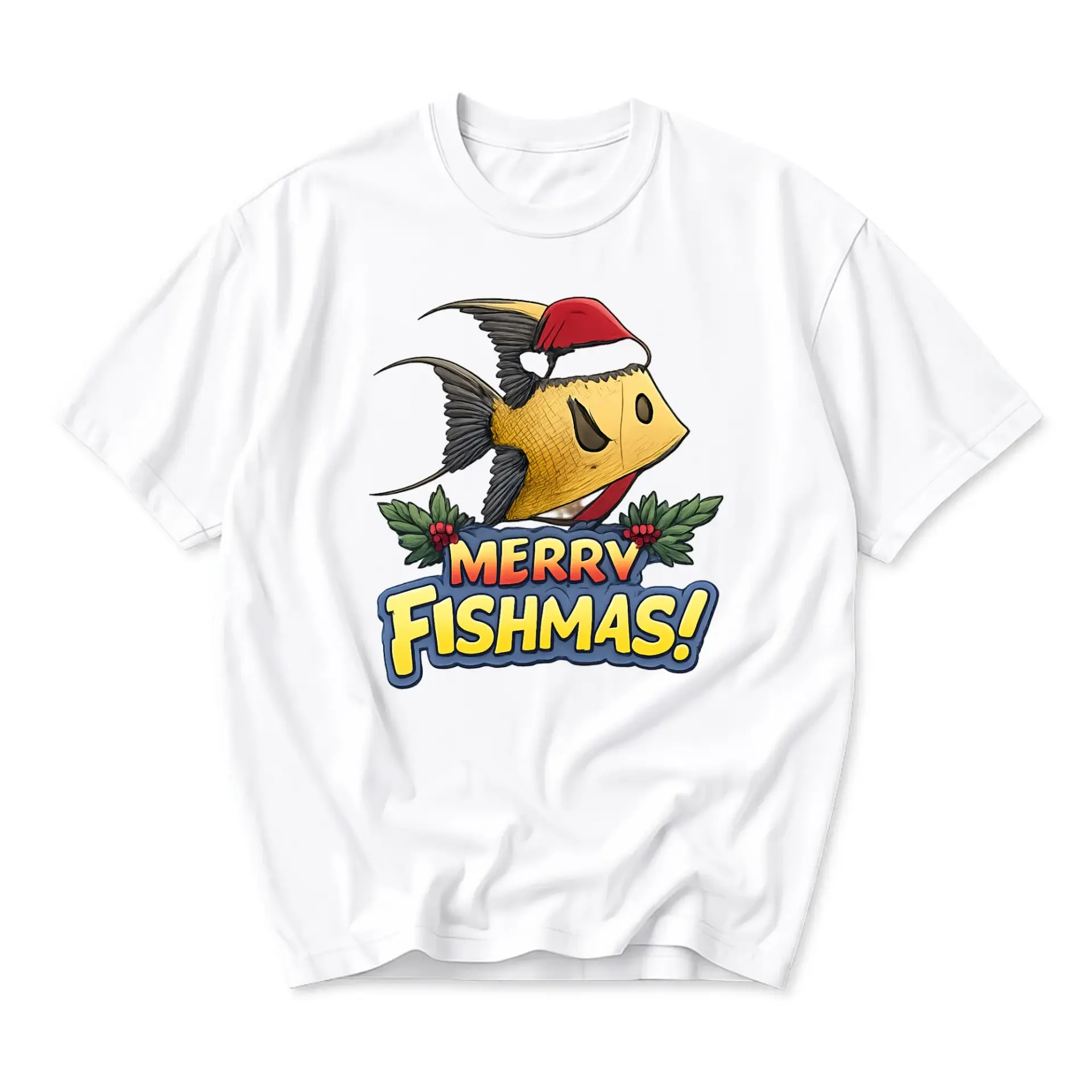 Funny Shirt Merry Fishmas Holiday Graphic Tee Casual Unisex Short Sleeve