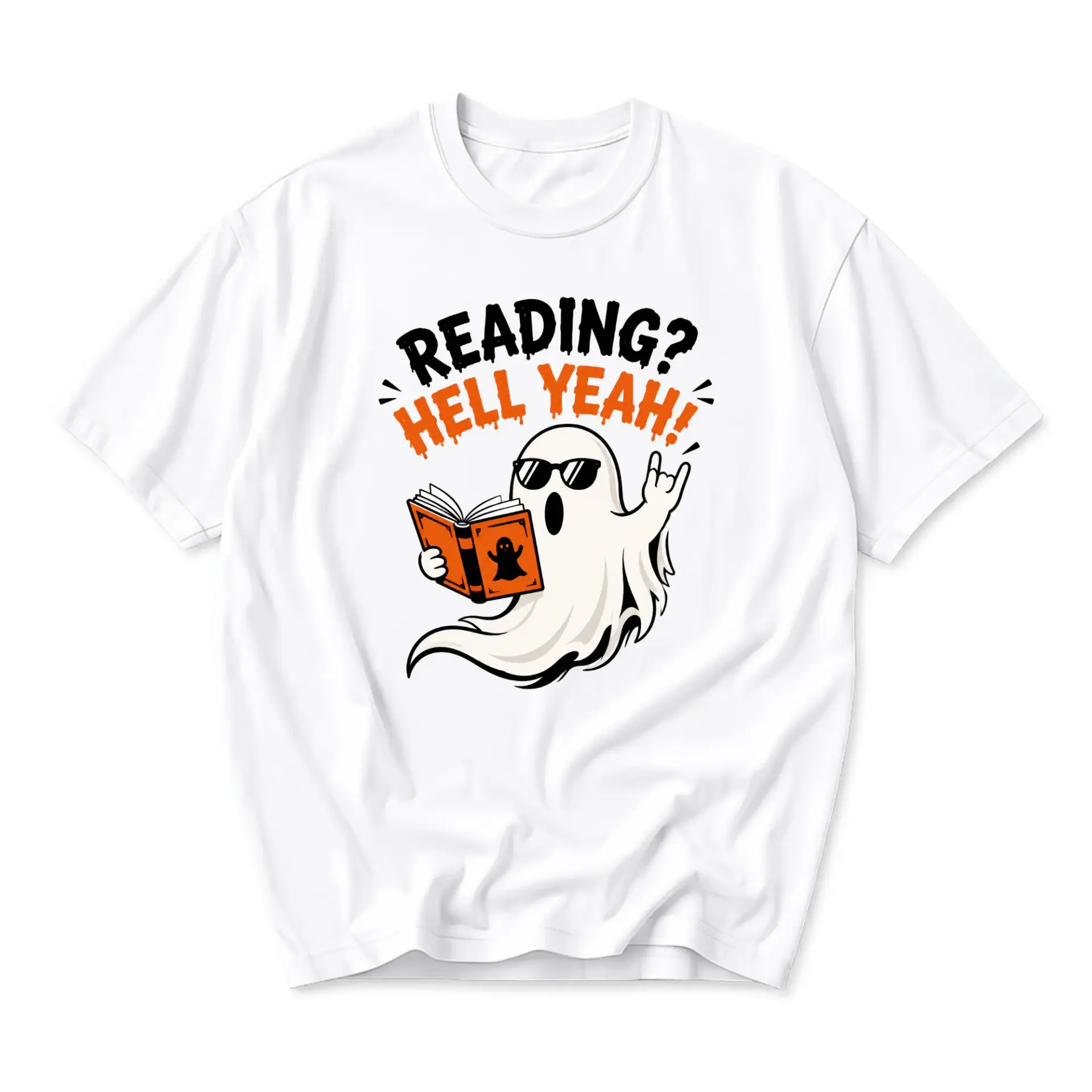 Funny Shirt Reading Hell Yeah Graphic Tee Unisex Casual Apparel Cool Ghost Design for Book Lovers and Readers White Top