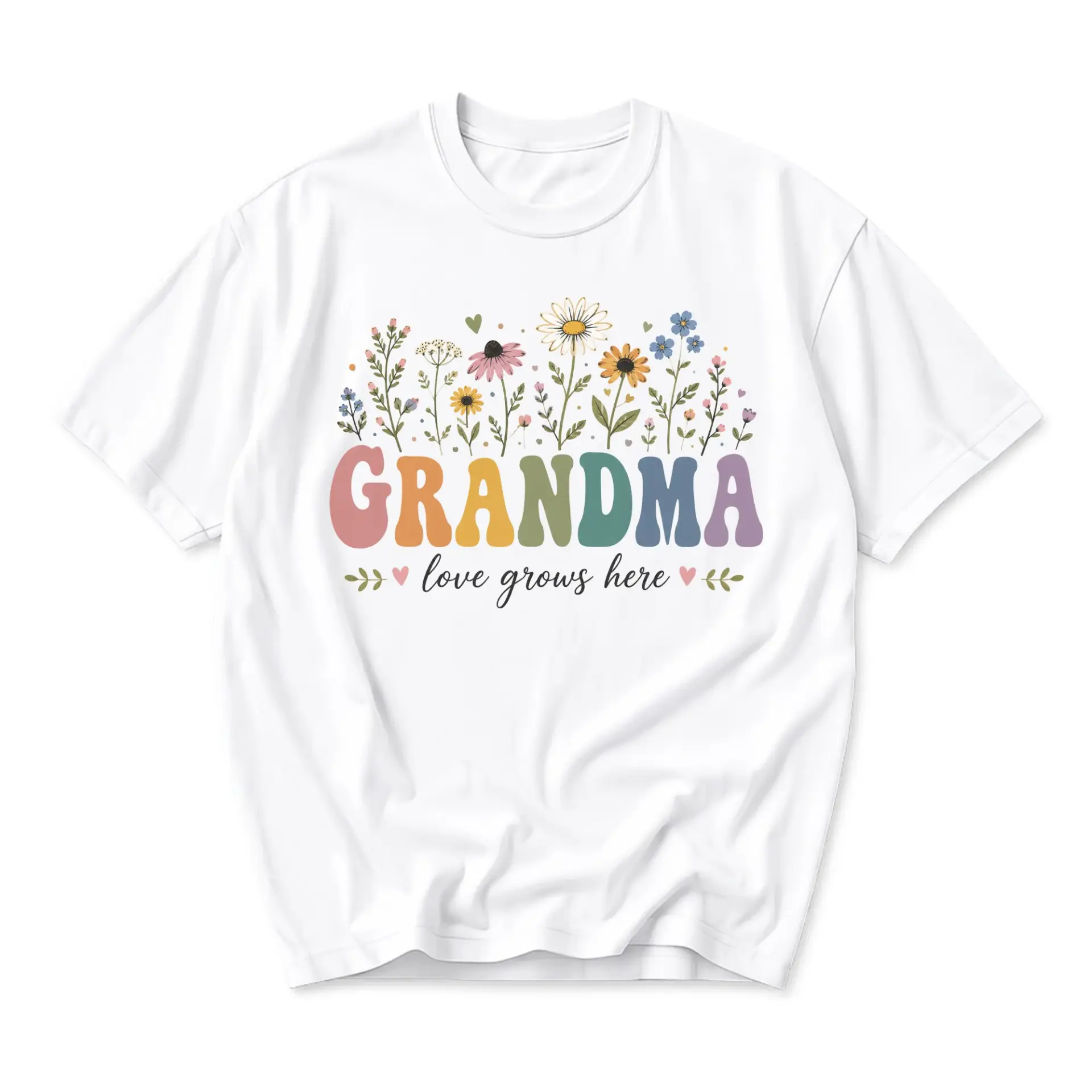 Graphic Tee Grandma Love Grows Here Floral Design Unisex Crew Neck Soft Cotton Casual Everyday Shirt