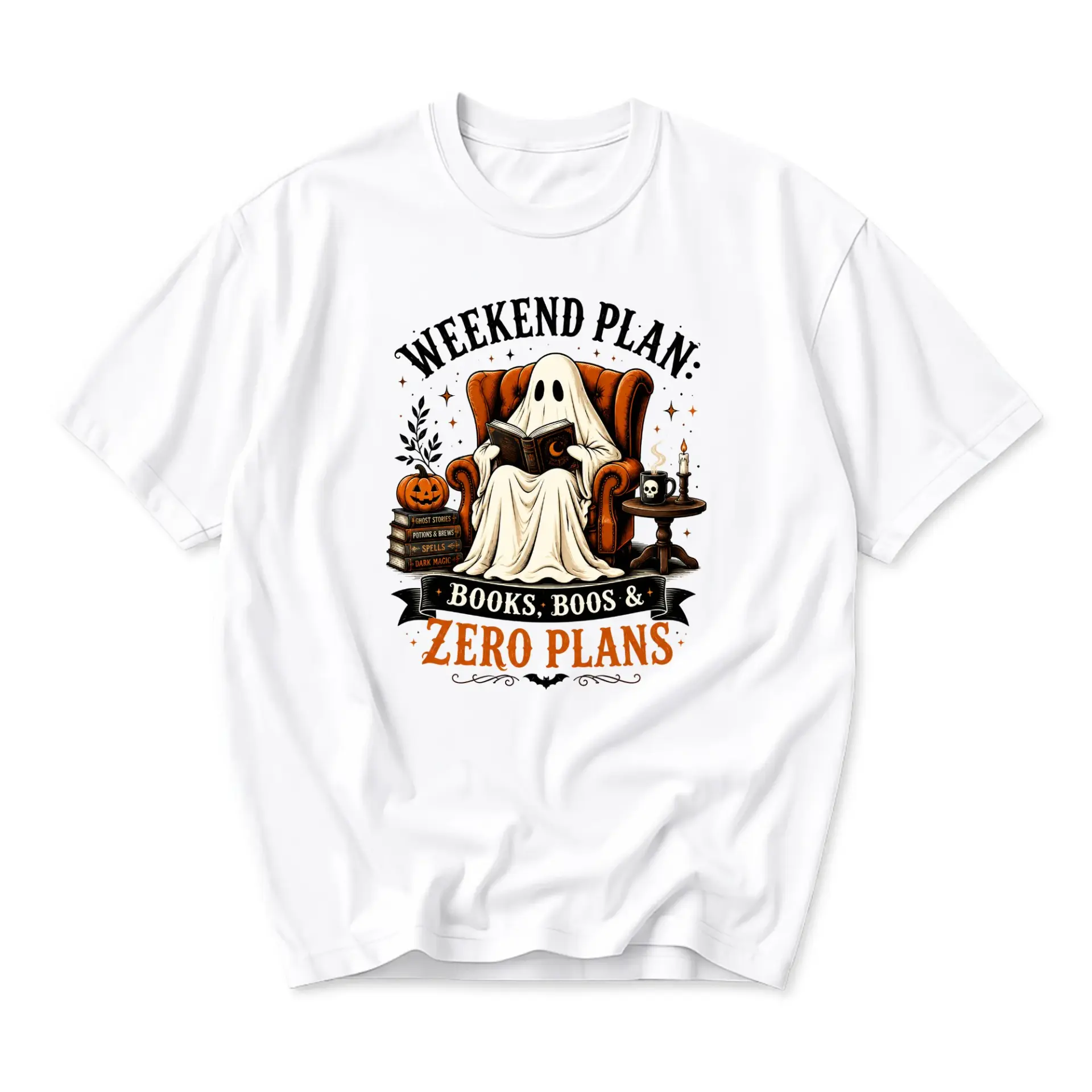Funny Shirt Weekend Plan Books Boos and Zero Plans Ghost Graphic Tee Unisex Casual Apparel for Autumn and Fall Season