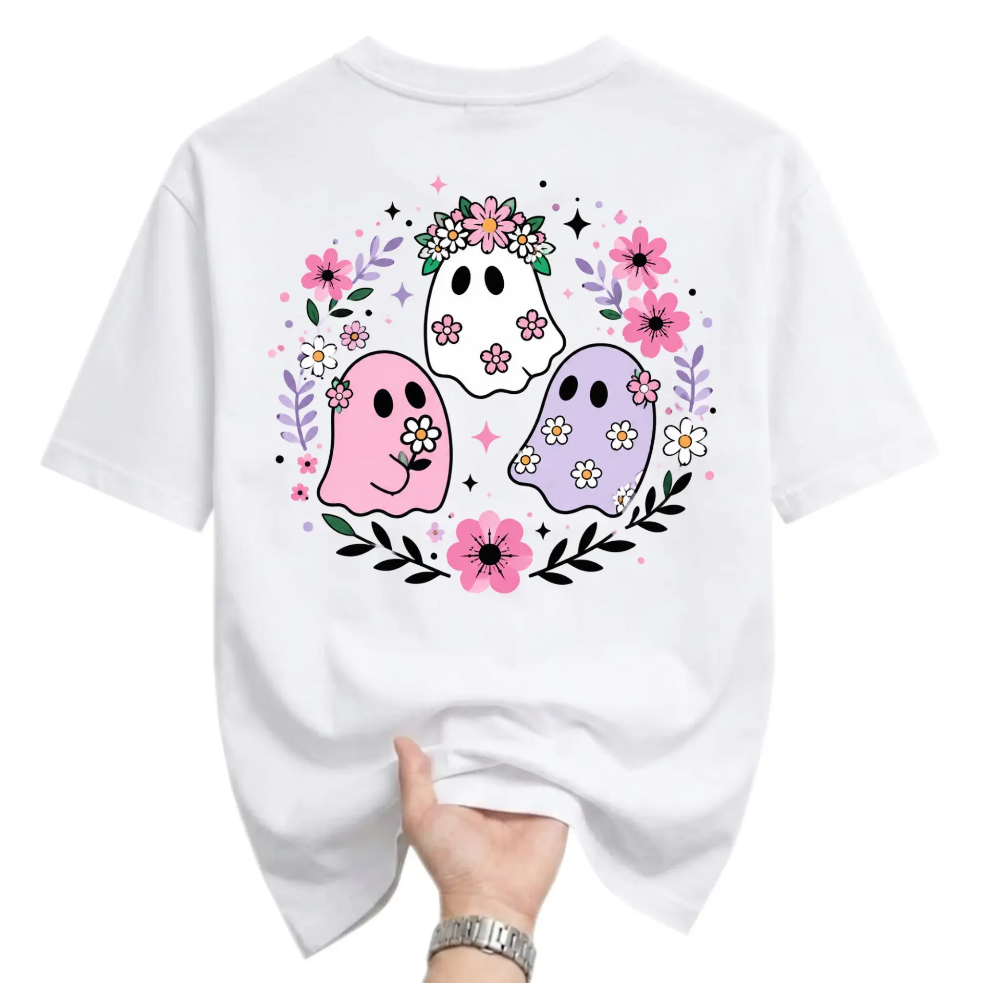 Graphic Tee Cute Floral Ghost Crew Neck Unisex T-Shirt Casual Everyday Apparel for Comfortable Style and Self Expression