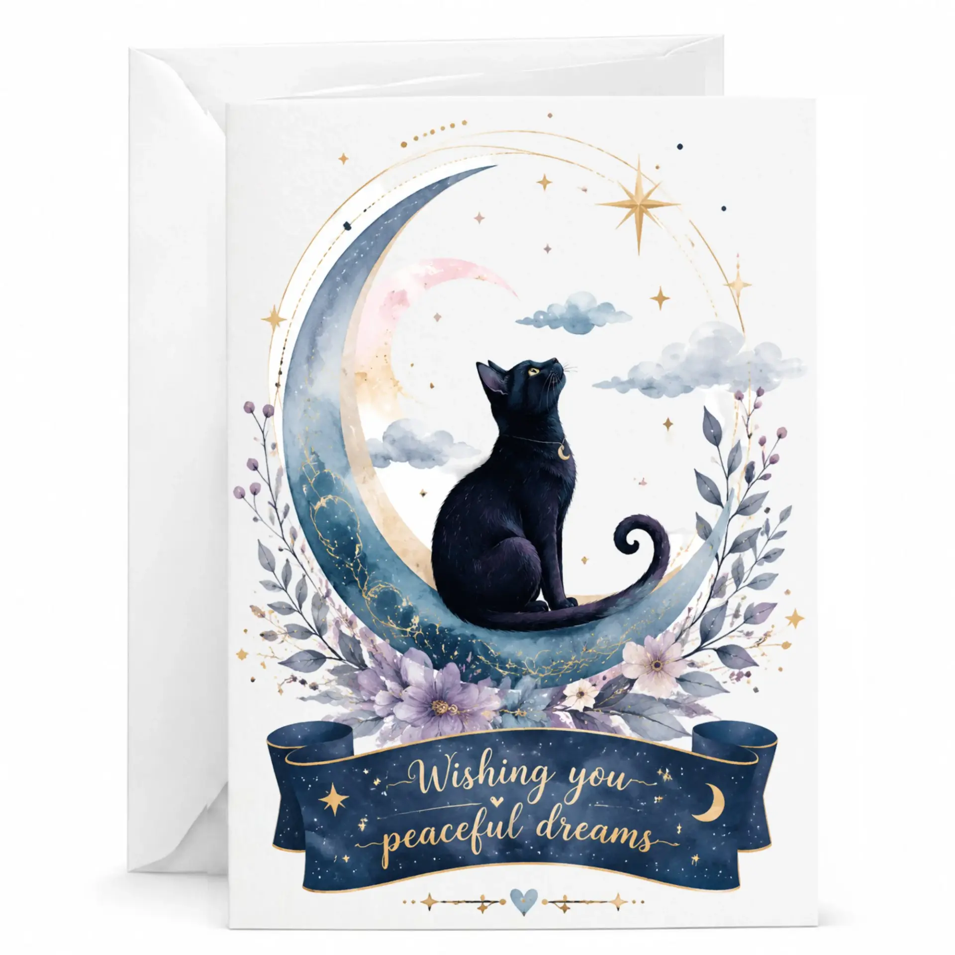Greeting Card Peaceful Dreams Celestial Black Cat Illustration Featuring Crescent Moon and Floral Details 5x7 Inches