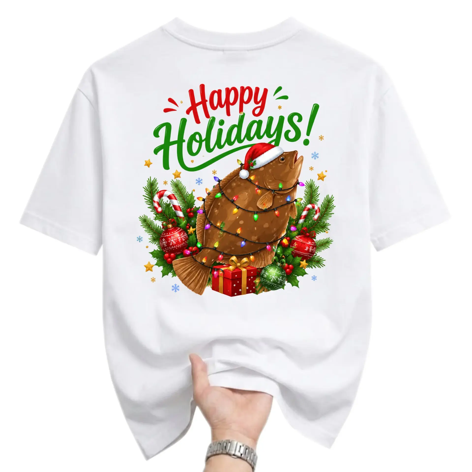 Graphic Tee Happy Holidays Funny Fish Christmas Lights Print Unisex Crew Neck Casual Everyday Short Sleeve Shirt
