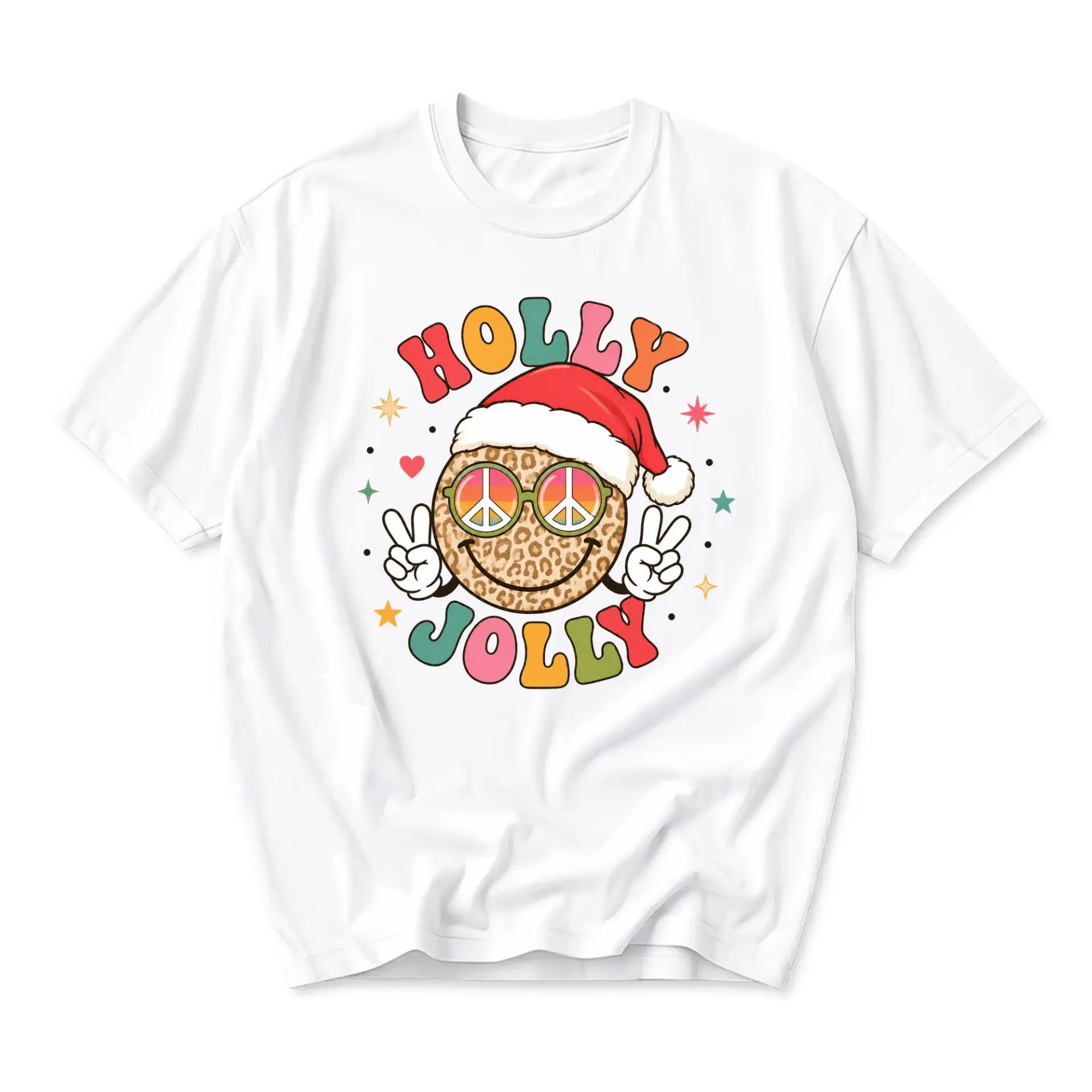 Graphic Tee Holly Jolly Retro Smiley Face Print Unisex Casual Crew Neck T-Shirt Soft Cotton Blend Holiday Style Top