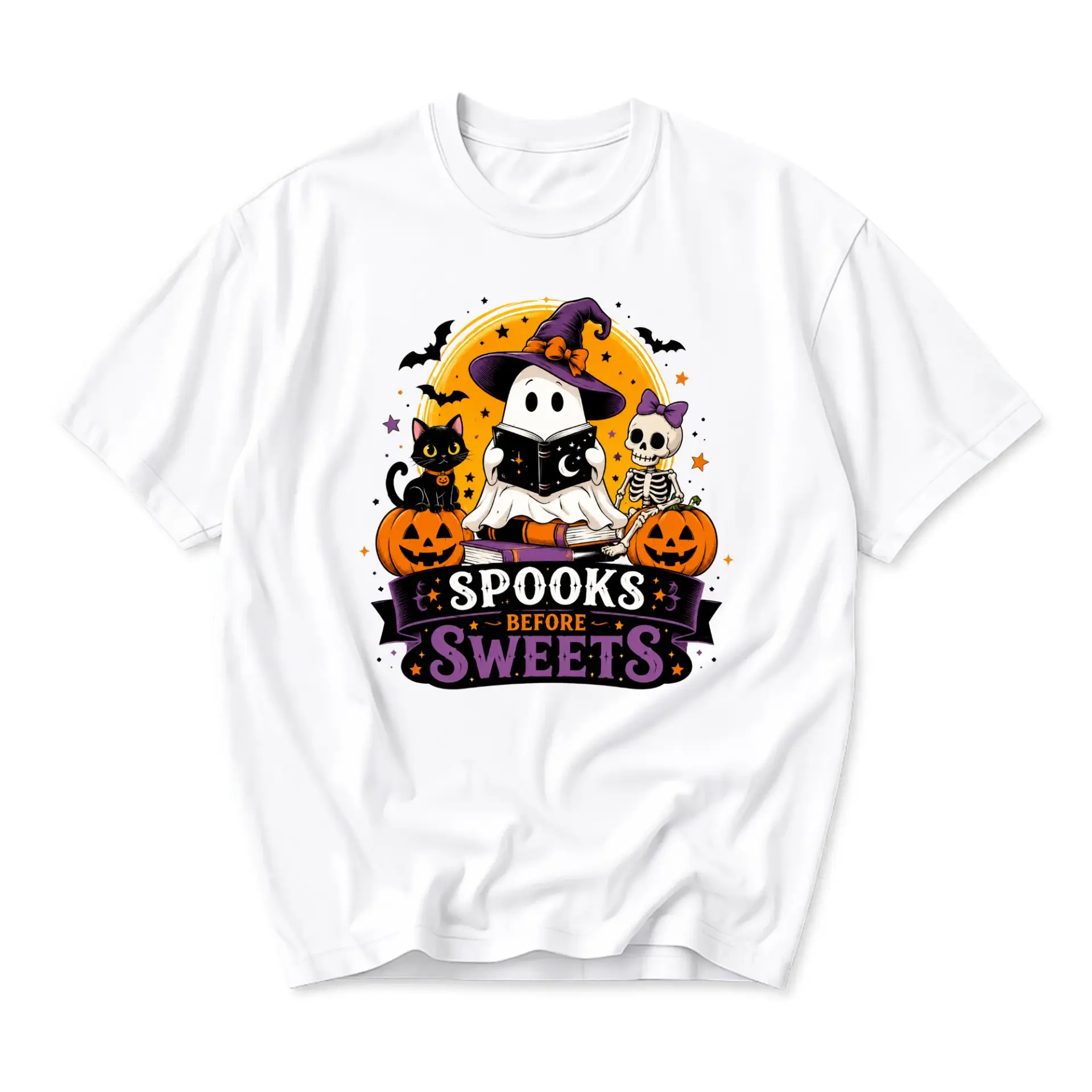Graphic Tee Spooks Before Sweets Halloween Costume Shirt Fall Seasonal Apparel Unisex Crew Neck Casual Cotton T-Shirt