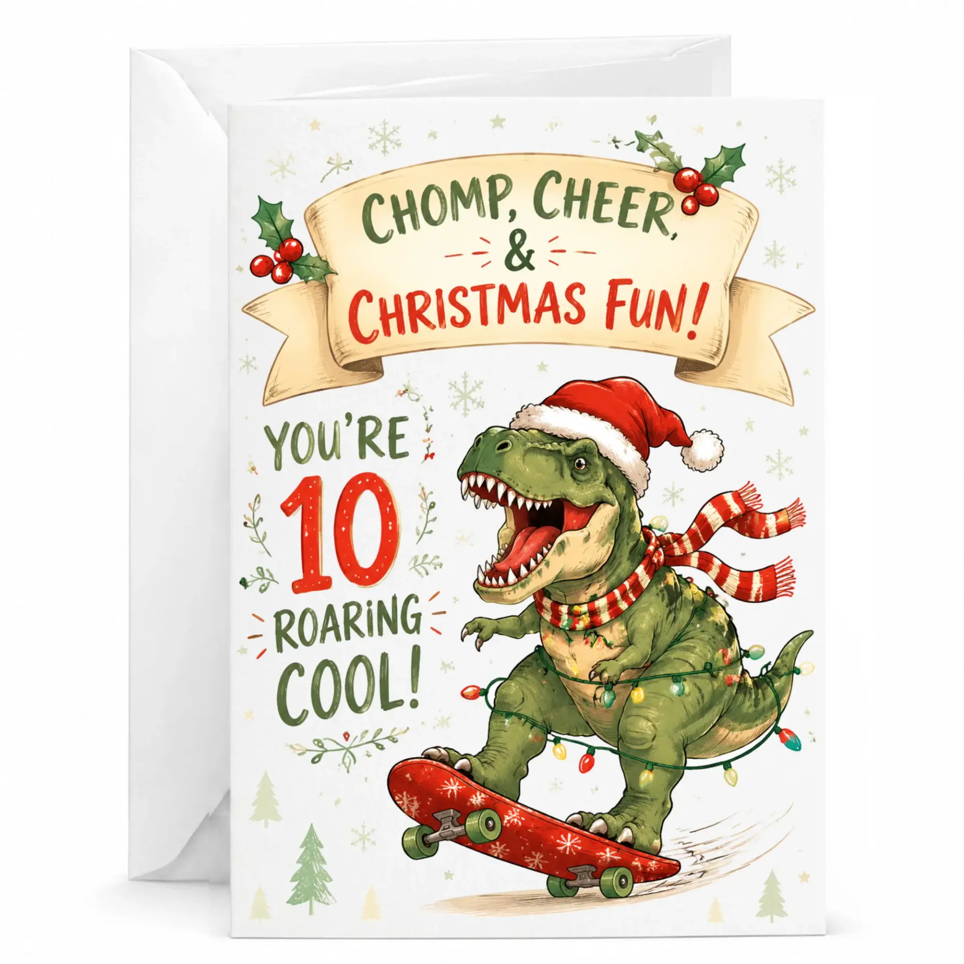 Funny Christmas Greeting Card with Dinosaur Theme for Tenth Birthday or Holiday Celebration, 5x7 Folded Stationery