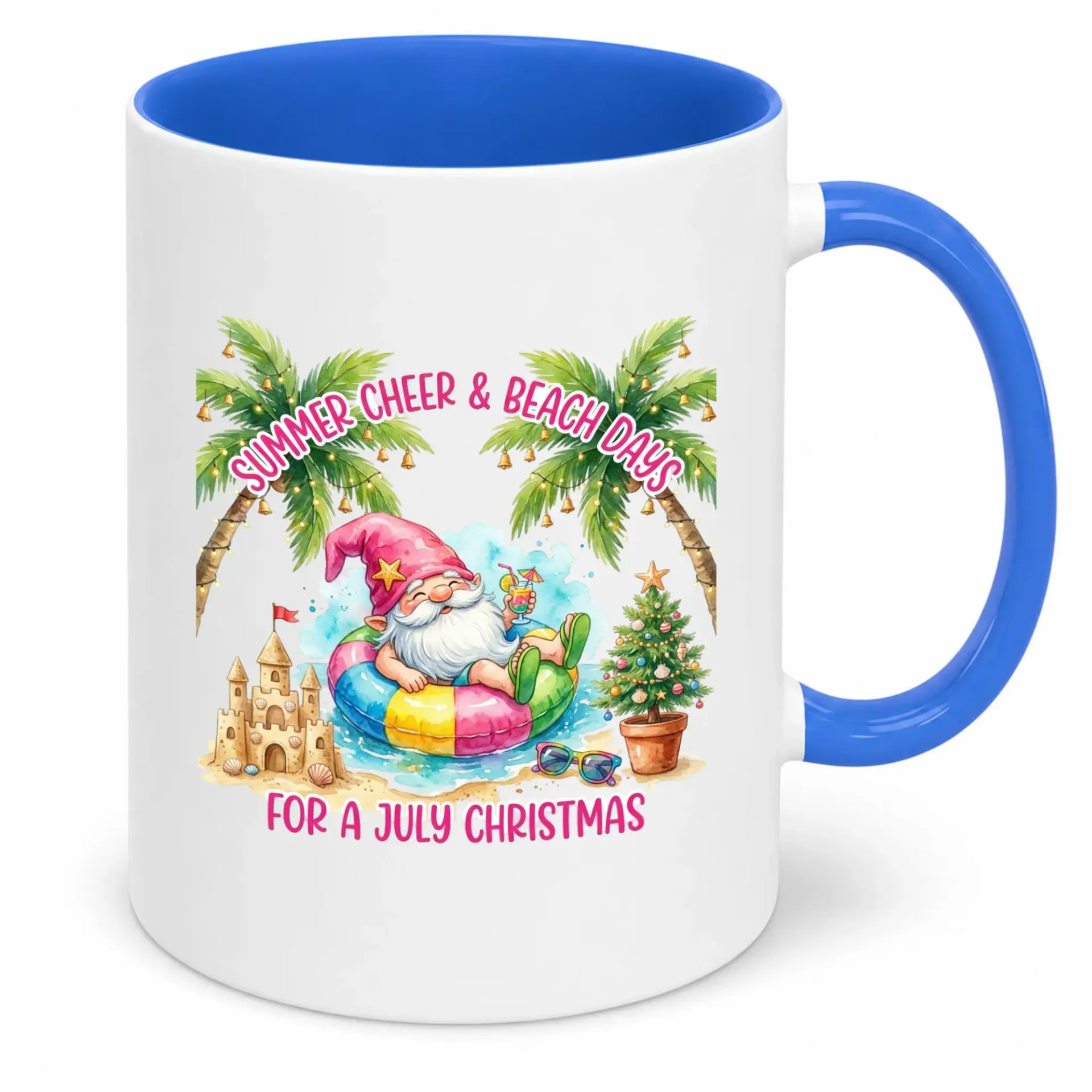 Funny Christmas in July Coffee Mug with Gnome Beach Day Design, Ceramic Cup for Summer Holiday Celebrations, Novelty Drinkware Gift