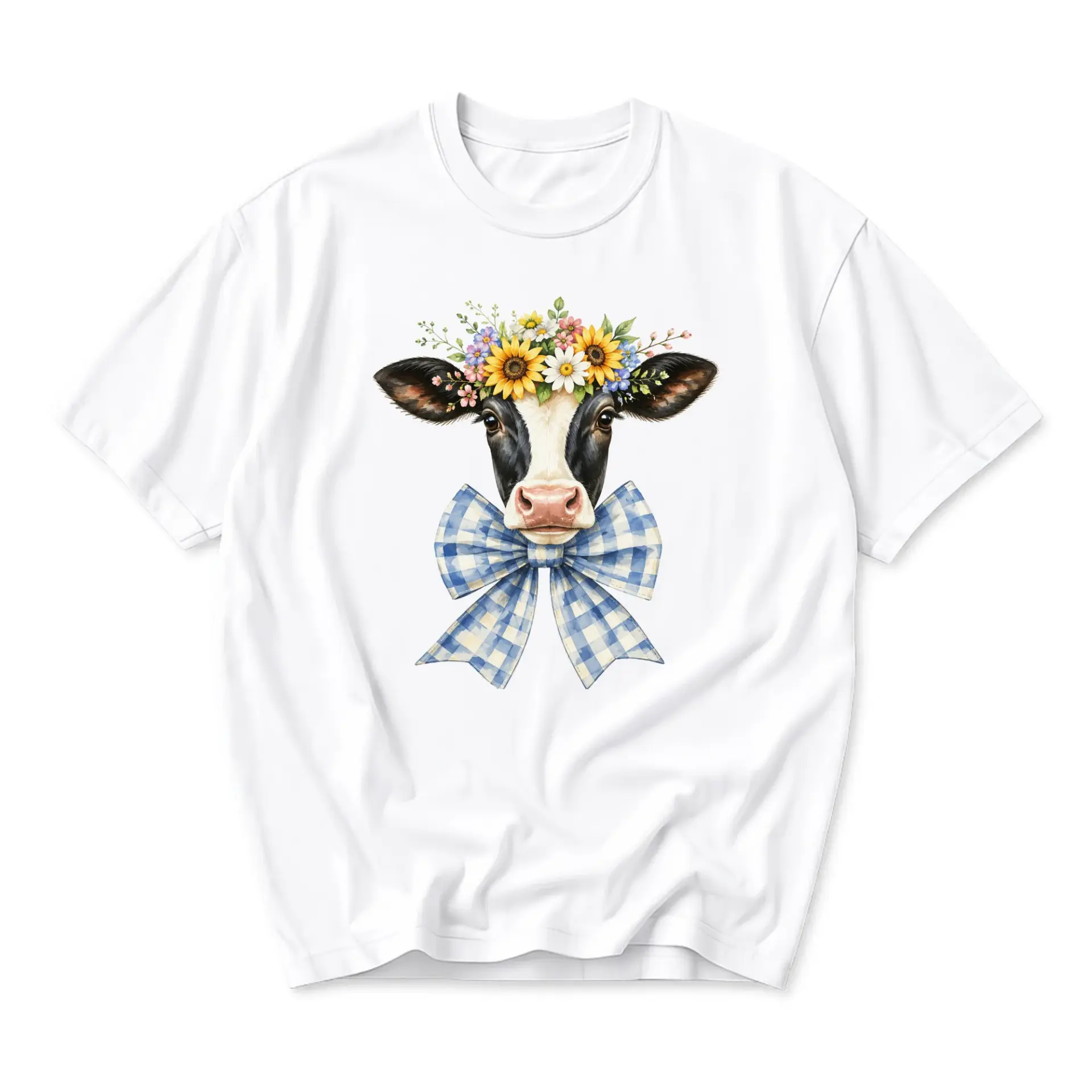 Graphic Tee Cute Cow with Flower Crown and Blue Gingham Bow Unisex Short Sleeve Casual Everyday Cotton Crew Neck Shirt