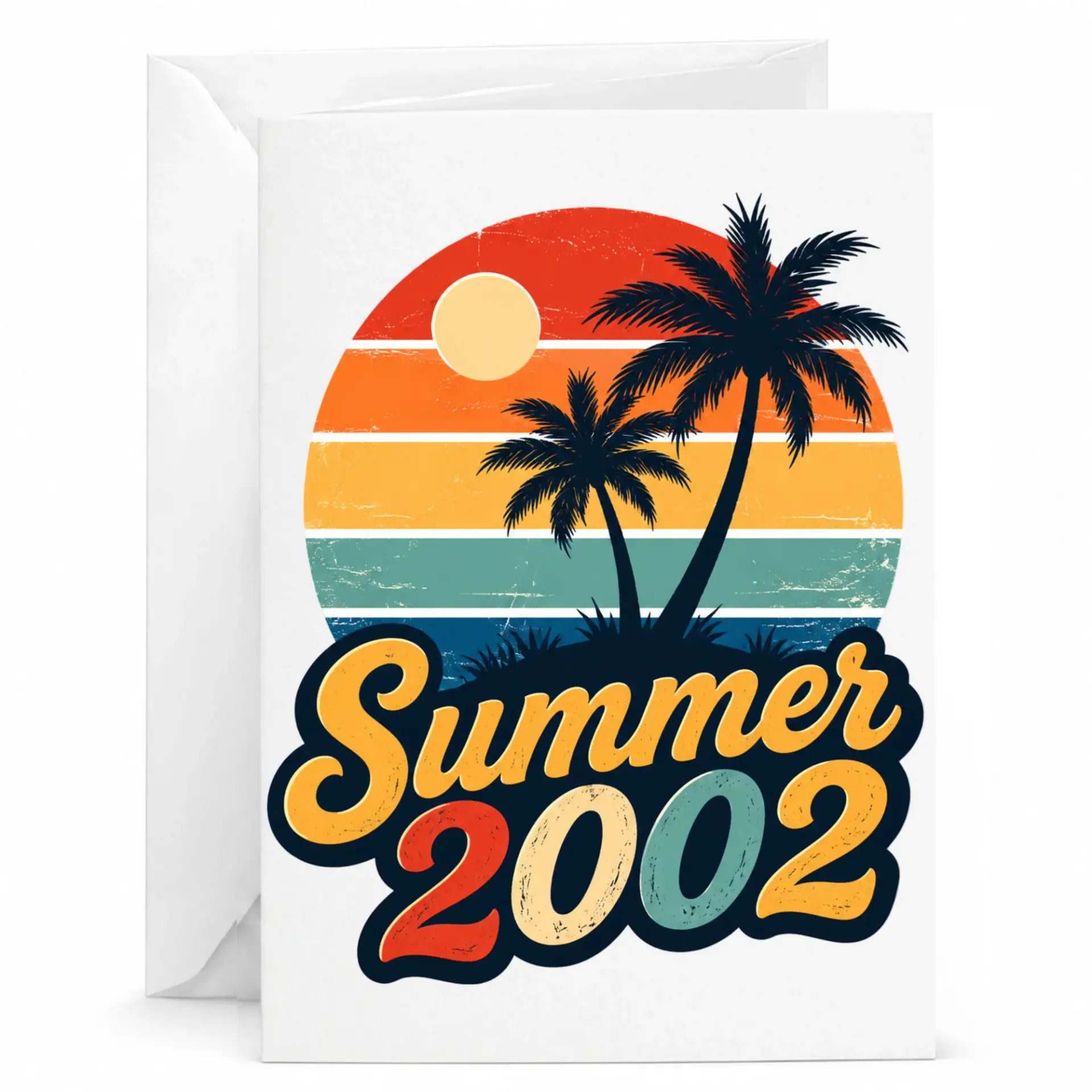 Birthday Card Summer 2002 Vintage Sunset Palm Tree Greeting Card for Nostalgic Celebrations and Special Milestones