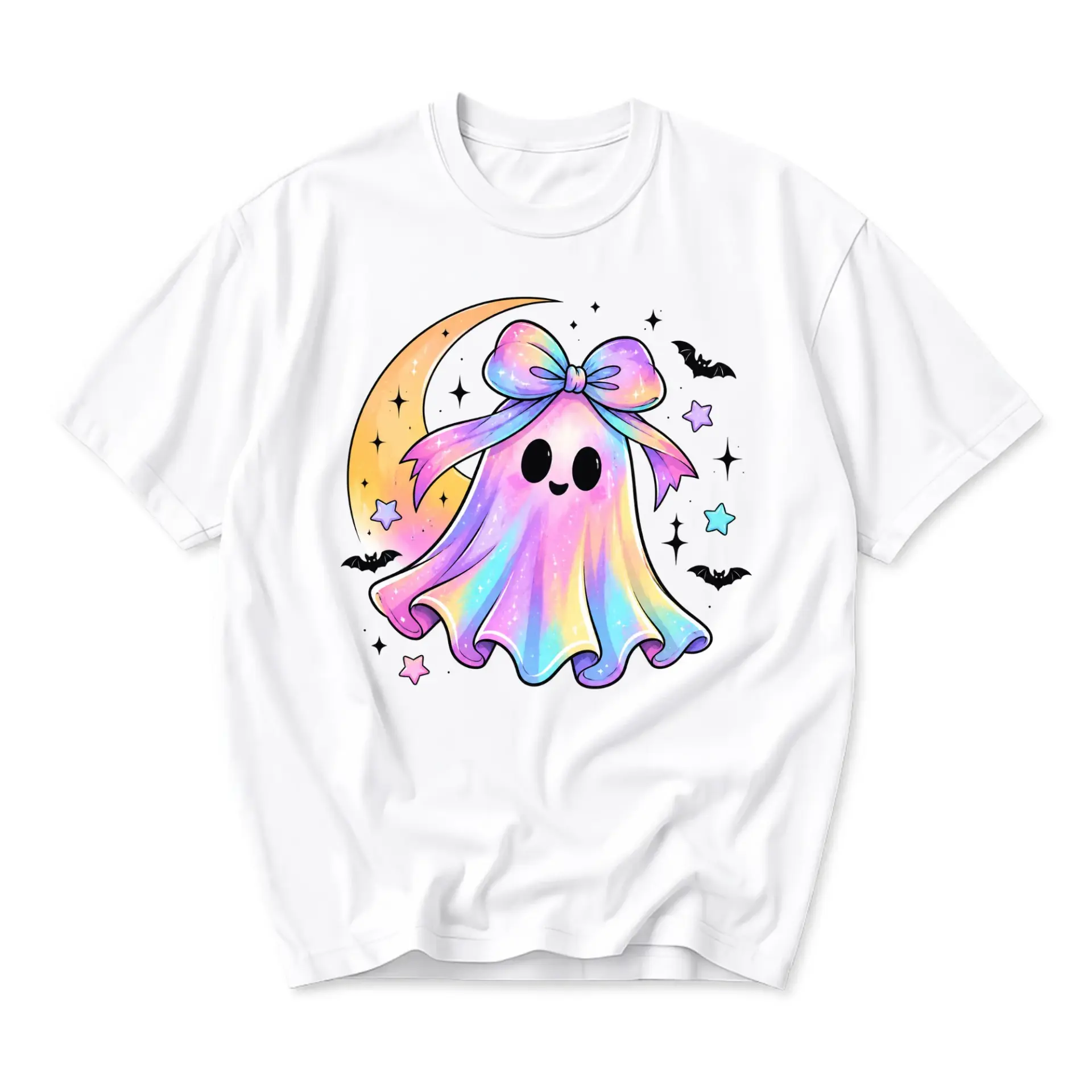 Graphic Tee Cute Pastel Ghost Wearing a Bow Illustration Unisex Crew Neck Short Sleeve Casual Cotton Blend Shirt