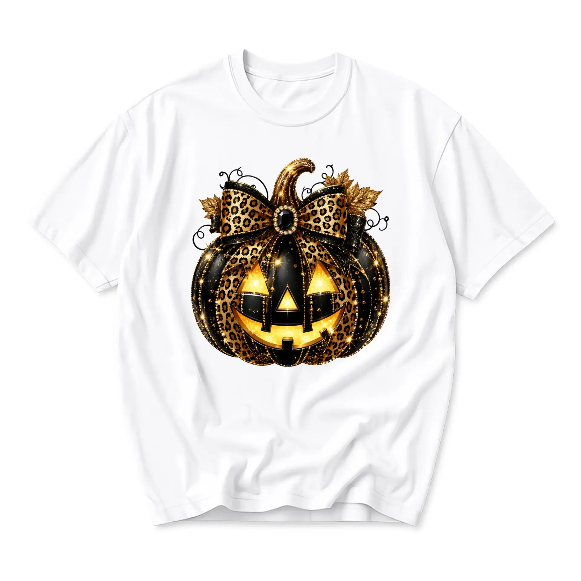 Graphic Tee Pumpkin Leopard Bow Print Unisex Shirt Casual Fall Fashion Apparel for Everyday Seasonal Wardrobe Style