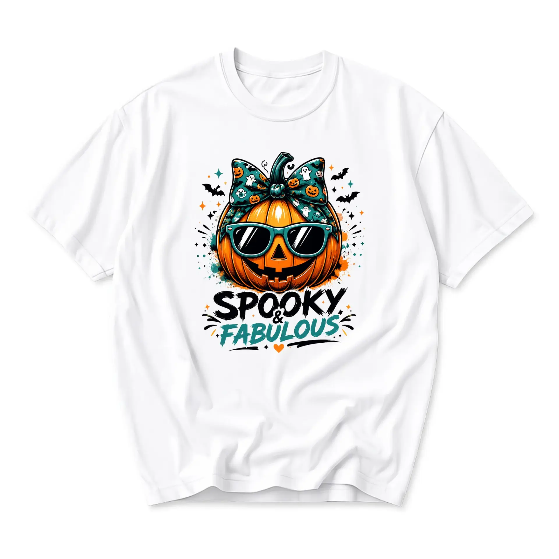 Funny Shirt Spooky and Fabulous Pumpkin Graphic Tee Casual Unisex Crew Neck Short Sleeve Cotton Blend Halloween Top
