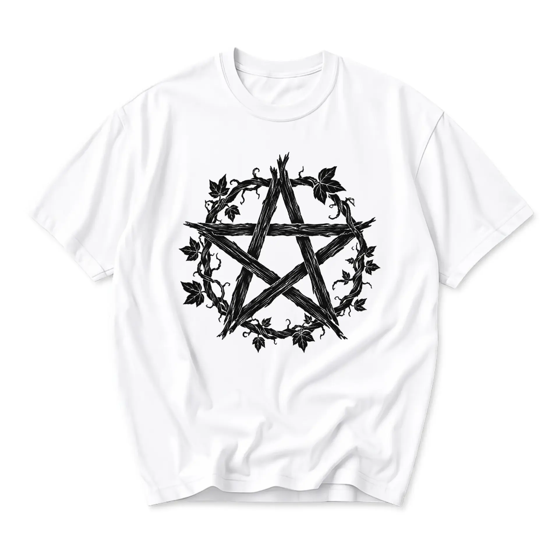 Graphic Tee Unisex T-Shirt Featuring a Detailed Hand Drawn Black Ink Pentagram Illustration Wrapped in Dark Ivy Vines