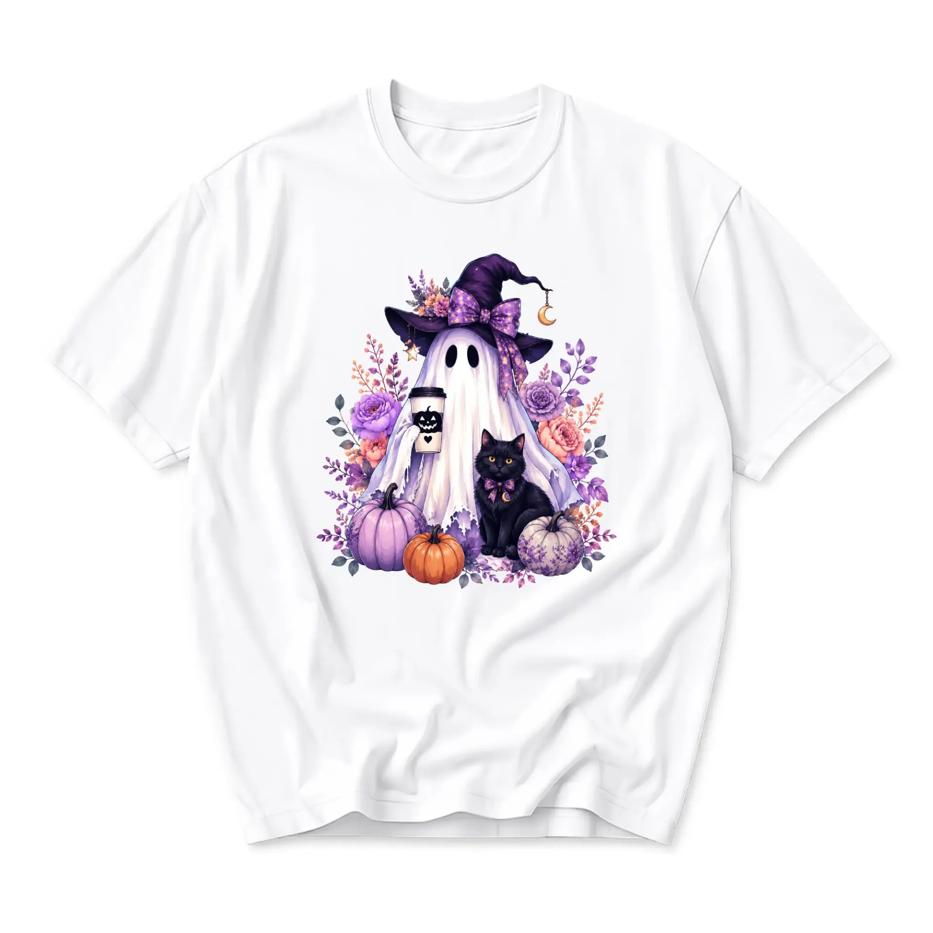 Graphic Tee Unisex Crew Neck T-Shirt Featuring a Ghost Wearing a Witch Hat with a Black Cat and Autumn Pumpkin Motif