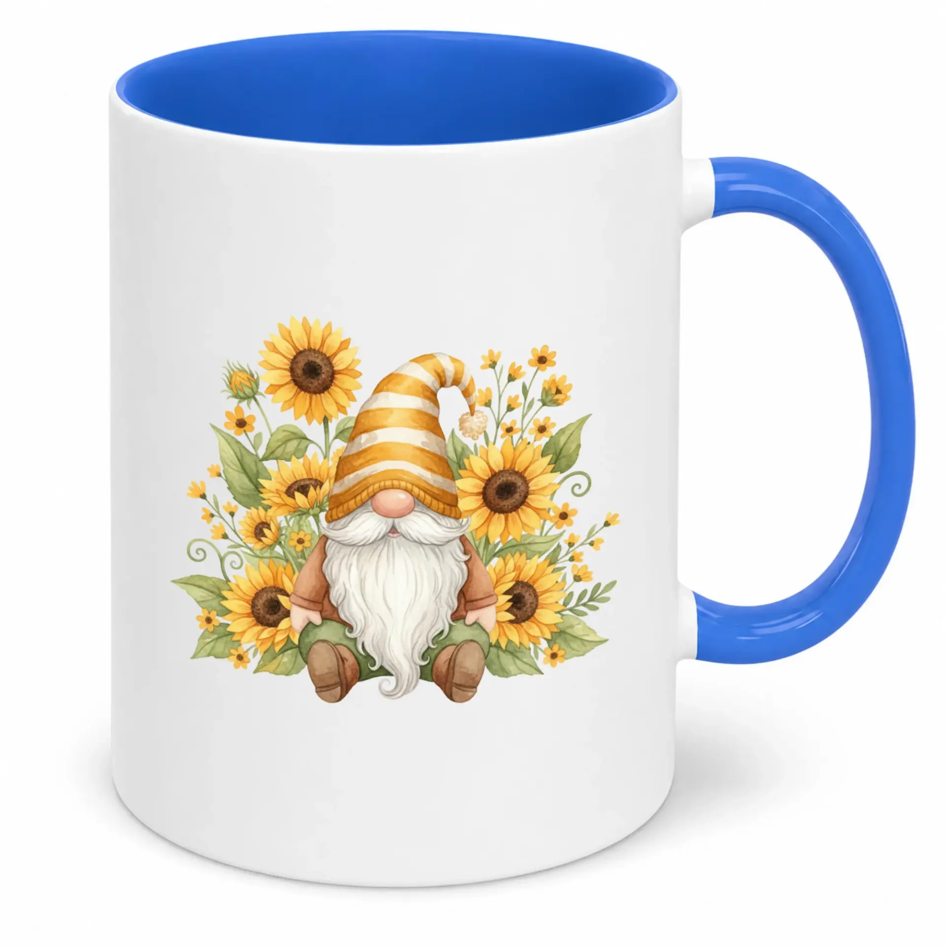 Sunflower Gnome Ceramic Coffee Mug, Whimsical Garden Theme Hot Beverage Cup, Blue Handle and Interior, Unique Gift Idea for Home or Office