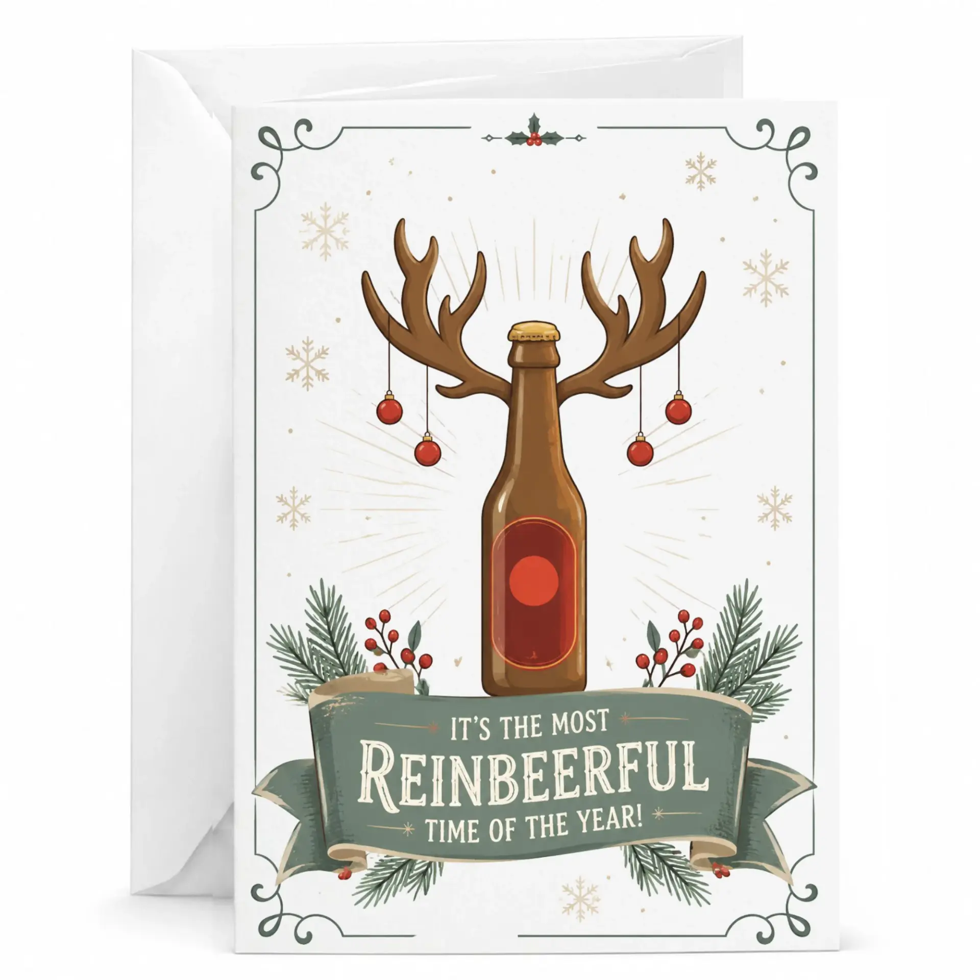 Funny Greeting Card Beer Reindeer Holiday Pun Design Featuring Festive Bottle with Antlers for Seasonal Celebrations