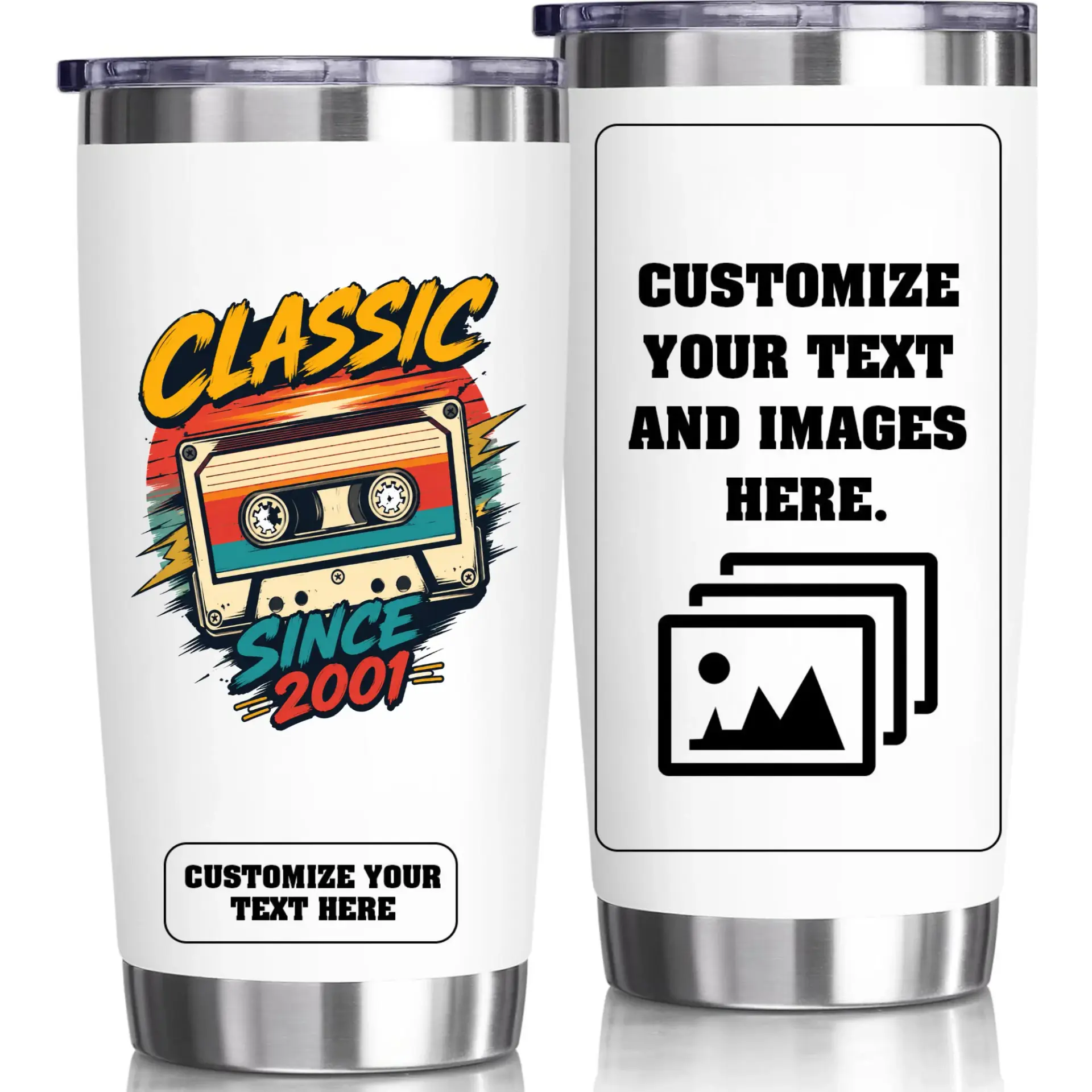 Stainless Steel Tumbler 20oz Classic Cassette Tape Design Personalized Travel Mug for Hot and Cold Beverages