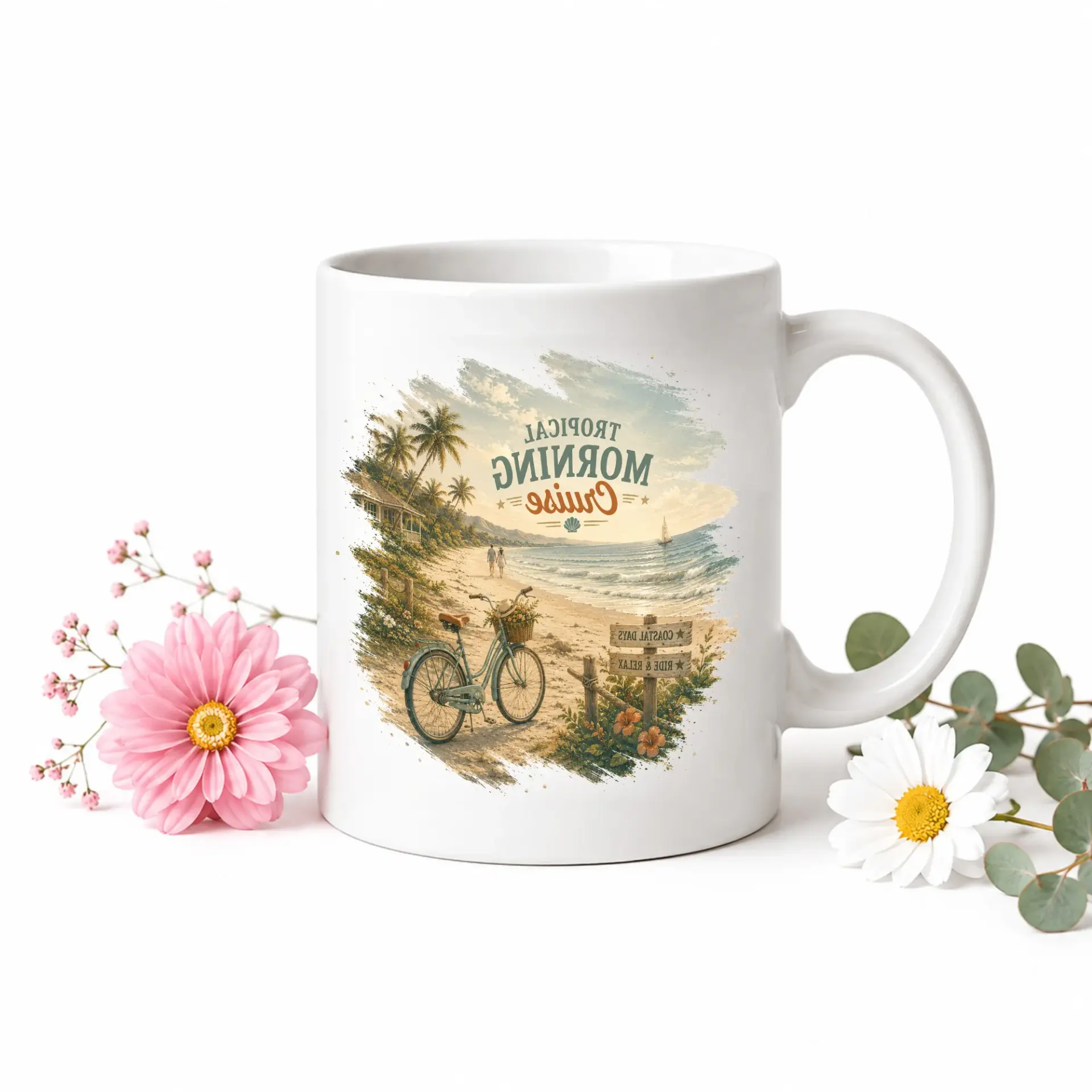 Tropical Morning Cruise Coffee Mug Ceramic Tea Cup Featuring Beach Bicycle Design with Blue Accent Handle