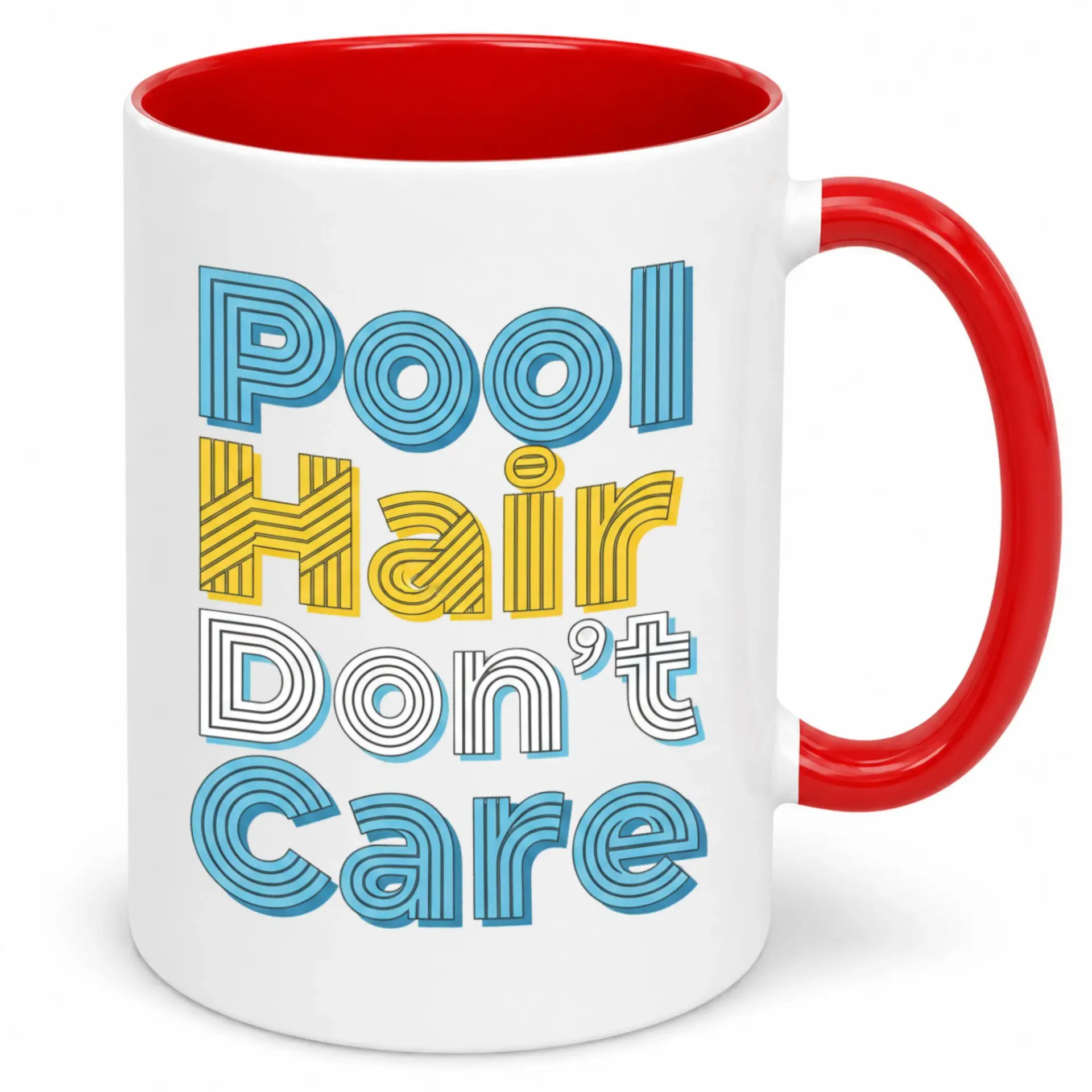 Funny Pool Hair Don't Care Summer Vacation Themed Ceramic Coffee Mug with Red Handle for Drinkware and Home Decor