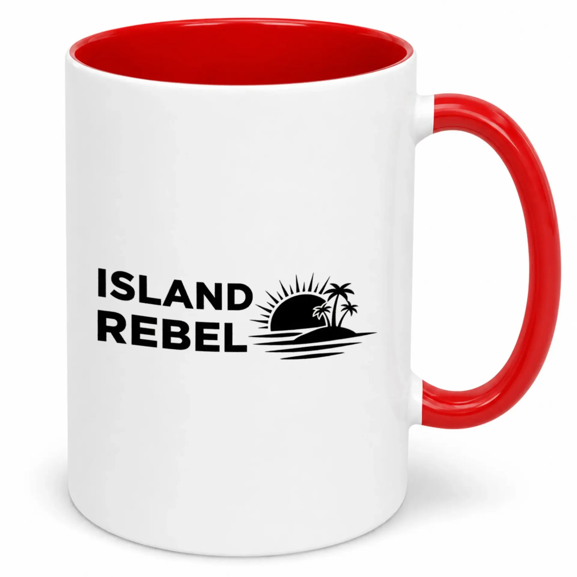 Island Rebel Coffee Mug with Tropical Tree Design Unique White Ceramic Beverage Cup Red Interior and Handle for Home Office Use 11oz or 15oz